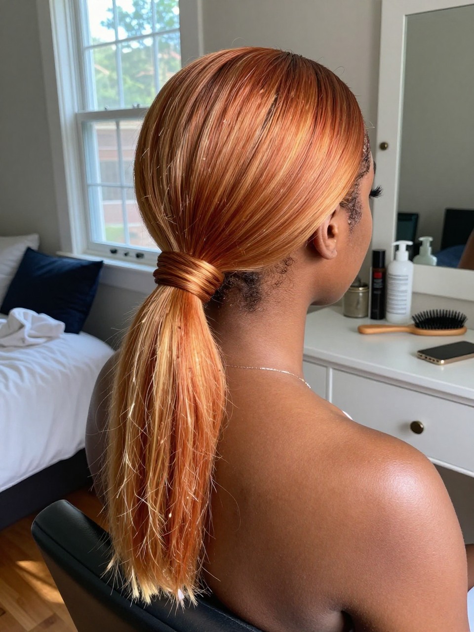 Photo of a black woman wearing a sleek low ponytail with ginger hair and ginger gold highlighted ends, back-of-head view to highlight details, in a sun-drenched bedroom, natural window light, containing a small lived-in detail such as a ribbon tied at the base and a hairbrush on the vanity, latest iPhone photo quality.