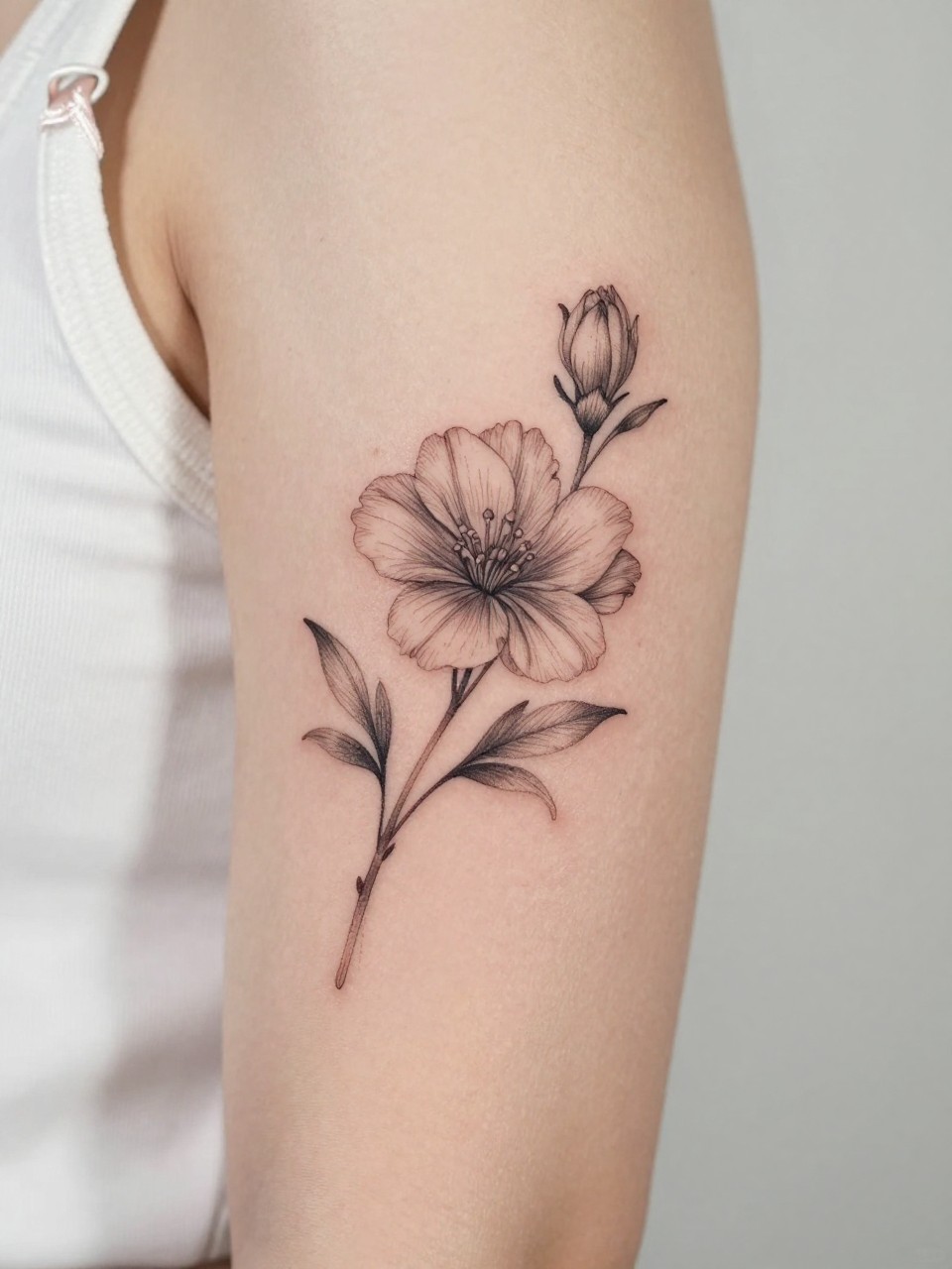 Image Prompt: "Design-focused close-up of a fine line flower tattoo on the inner bicep, black ink floral style, delicate petals with subtle shading, realistic skin texture, satin ribbon nearby as a subtle feminine detail, tight crop, minimal soft background, modern lifestyle-inspired tattoo image, tattoo is the clear main subject (no watermarks on images)"