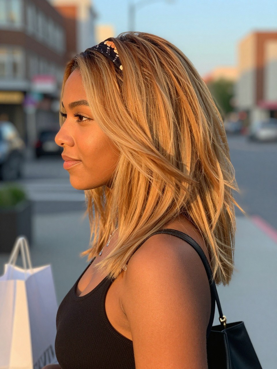 Photo of a biracial woman wearing beachy ginger layers with sunlit highlights and soft texture, side profile view, in a softly blurred city street background, golden hour glow, containing a small lived-in detail such as a headband pushed back and a few shopping bags nearby, latest iPhone photo quality.
