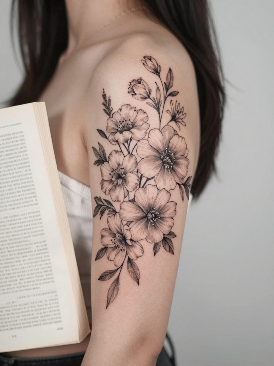 Image Prompt: "Close-up of a half sleeve tattoo made of mixed birth flowers on the upper of black feminine woman arm, black ink fine line floral design with varied blooms, soft grey shading, elegant clustered arrangement, realistic skin texture, book page softly visible near the arm, feminine lifestyle-inspired tattoo image, clean background, tattoo-centered composition (no watermarks on images)"