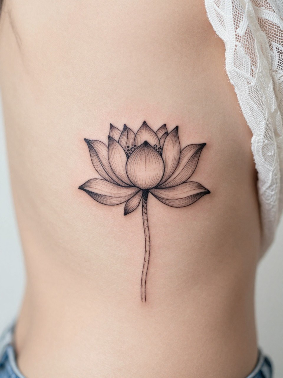 Image Prompt: "Close-up of a delicate black ink lotus flower outline tattoo on the side ribcage, fine line minimalist design, clean curved placement, realistic skin texture, soft lace fabric edge visible near the frame, design-first composition, minimal background, feminine and softly emotional tattoo inspiration image, tattoo clearly in focus (no watermarks on images)"