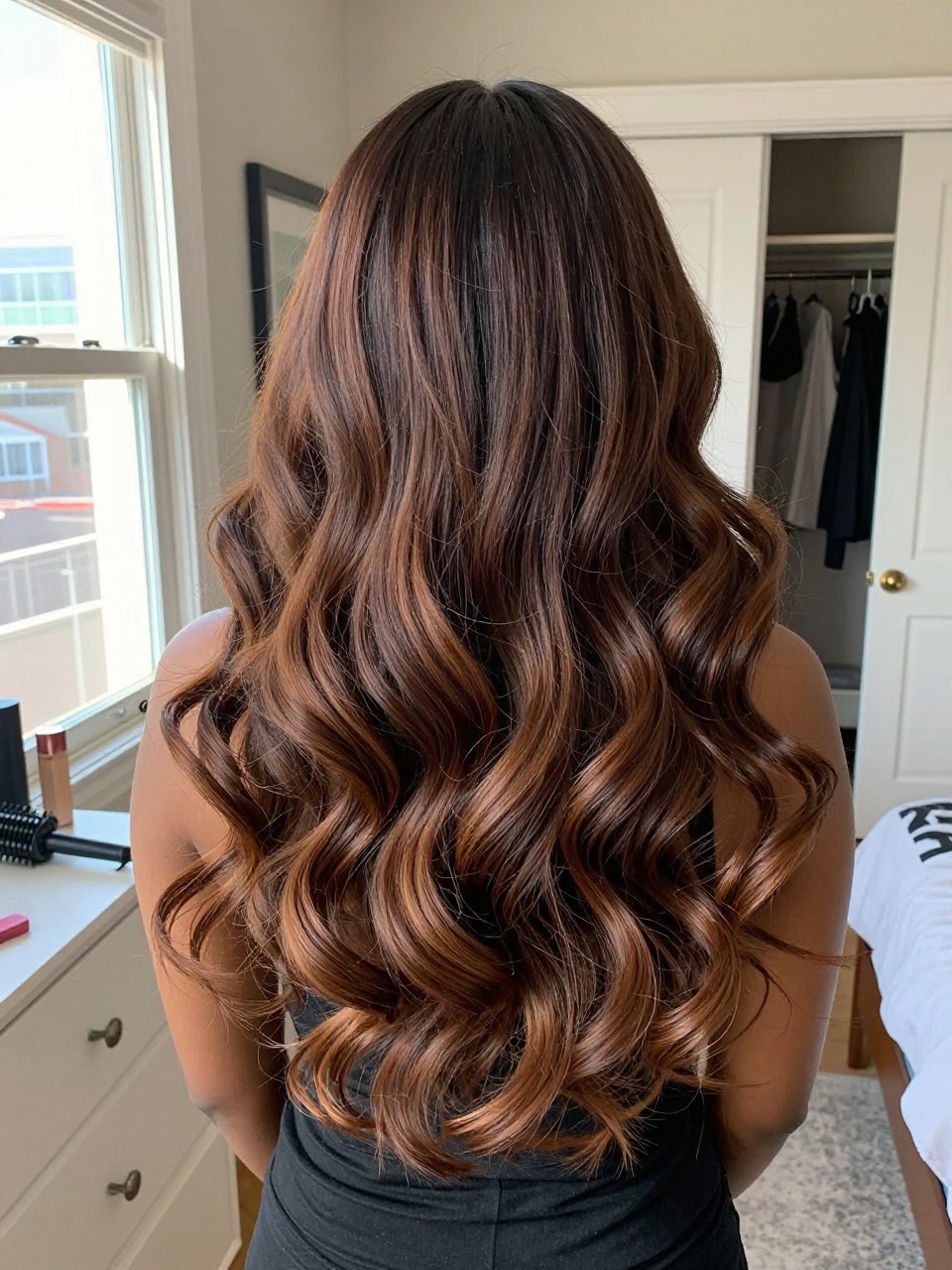 Photo of a black woman wearing chocolate brown ombre hair with darker roots and softer brown ends in loose curls, back-of-head view to highlight the smooth color melt, sun-drenched bedroom setting, natural window light, with a curling wand on the dresser and a slightly open closet behind, latest iPhone photo quality.