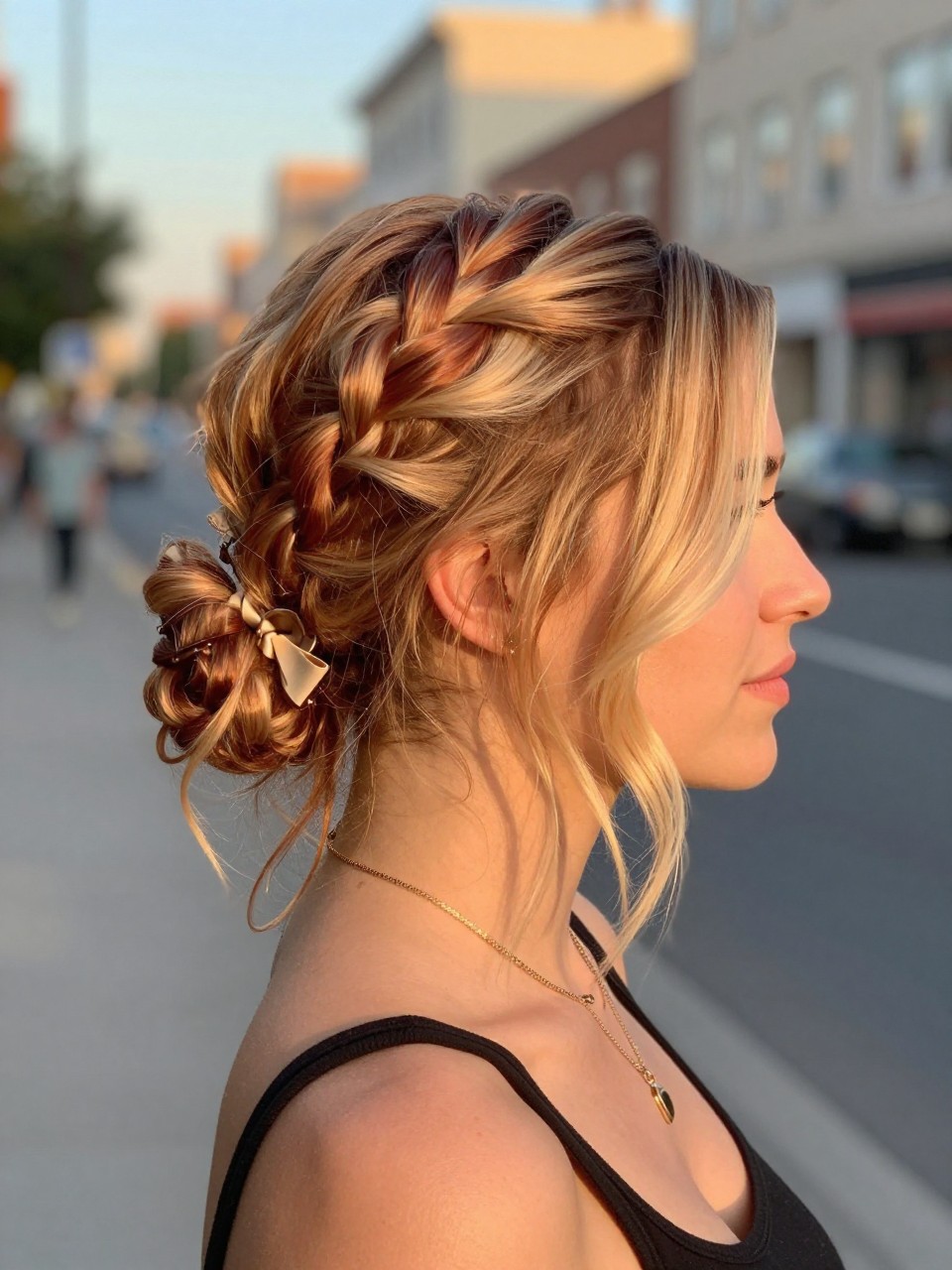 Photo of a woman wearing a half-up twisted strawberry blonde hairstyle with bright blonde face-framing highlights, side profile view, in a softly blurred city street background, golden hour glow, containing a small lived-in detail such as a bow clip at the back and layered necklaces, latest iPhone photo quality.