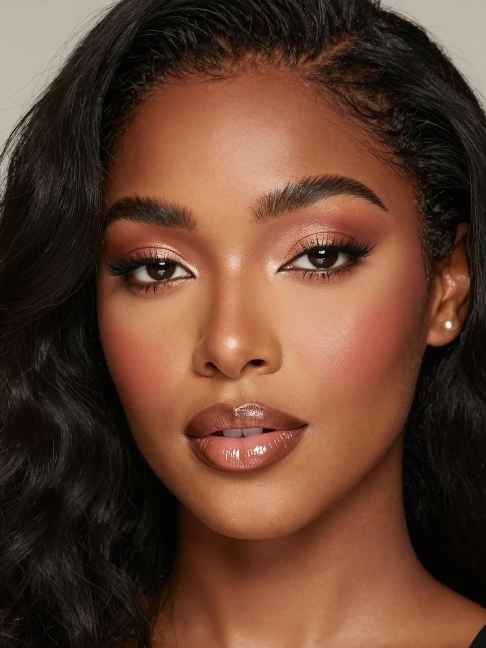 IMAGE_PROMPT: Super realistic close-up beauty portrait of a Black woman wearing classy nude makeup with honey nude shimmer eyelids, warm matte brown crease, warm rose blush, brown nude lips topped with clear gloss, soft flutter lashes, glowing skin, and full softly brushed brows, shot from a front-facing portrait, with diffused beauty studio lighting that clearly reveals the nude shimmer, glossy lips, and realistic skin texture, realistic skin texture, softly curled black hair, minimal neutral background, feminine modern beauty photography, latest iPhone photo quality (no watermarks on images).
