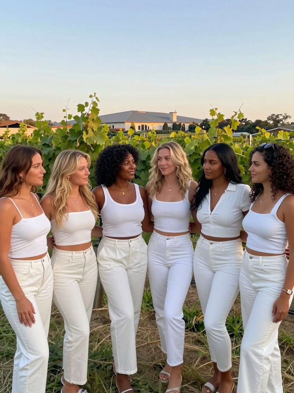 photo of a group of mix color women in all-white outfits, standing together or scenic location, cropped at NECK so faces don't show, at a winery, evening golden hour, iPhone photo quality.