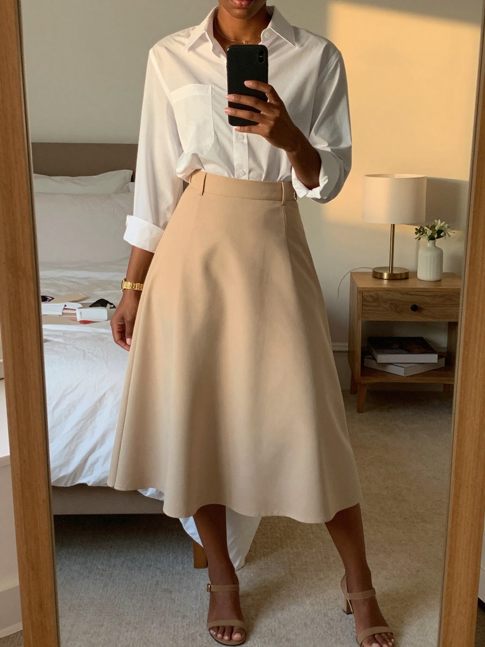 mirror selfie of a black woman in a white button-down shirt and a beige A-line skirt with tan sandals, holding her phone at waist level, cropped at NECK so face doesn't show, in a feminine-themed bedroom, evening golden hour, iPhone photo quality.