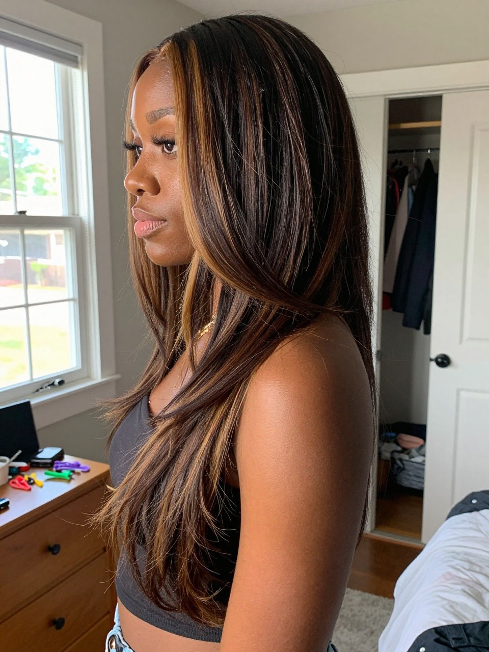 Photo of a black woman wearing long dark layered hair with chestnut honey highlights and soft body, side profile view, in a sun-drenched bedroom, natural window light, containing a small lived-in detail such as sectioning clips on the dresser and a slightly open closet behind, latest iPhone photo quality.