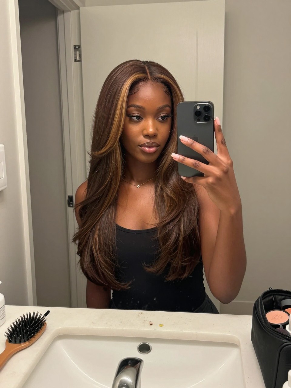 Photo of a Black woman wearing a sleek espresso brown lob with honey face-framing highlights, candid mirror selfie, at a bathroom vanity mirror, soft indoor lighting, containing a small lived-in detail such as a hairbrush on the vanity and a makeup bag nearby, latest iPhone photo quality.
