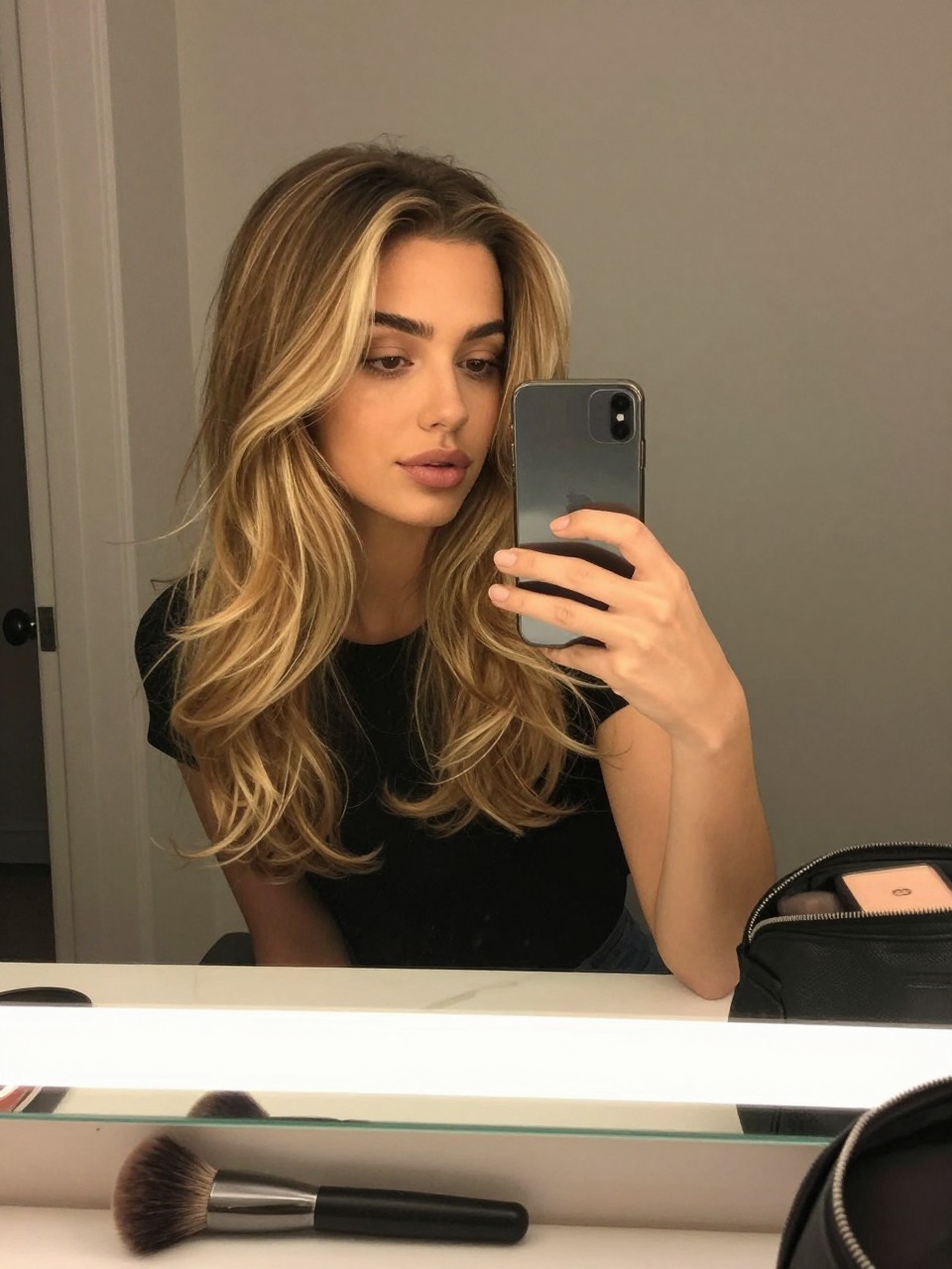 Photo of a woman wearing honey blonde hair with face-framing highlights and a soft blowout, candid mirror selfie, bathroom vanity mirror setting, soft indoor lighting, with a round brush on the counter and a makeup bag nearby, latest iPhone photo quality.