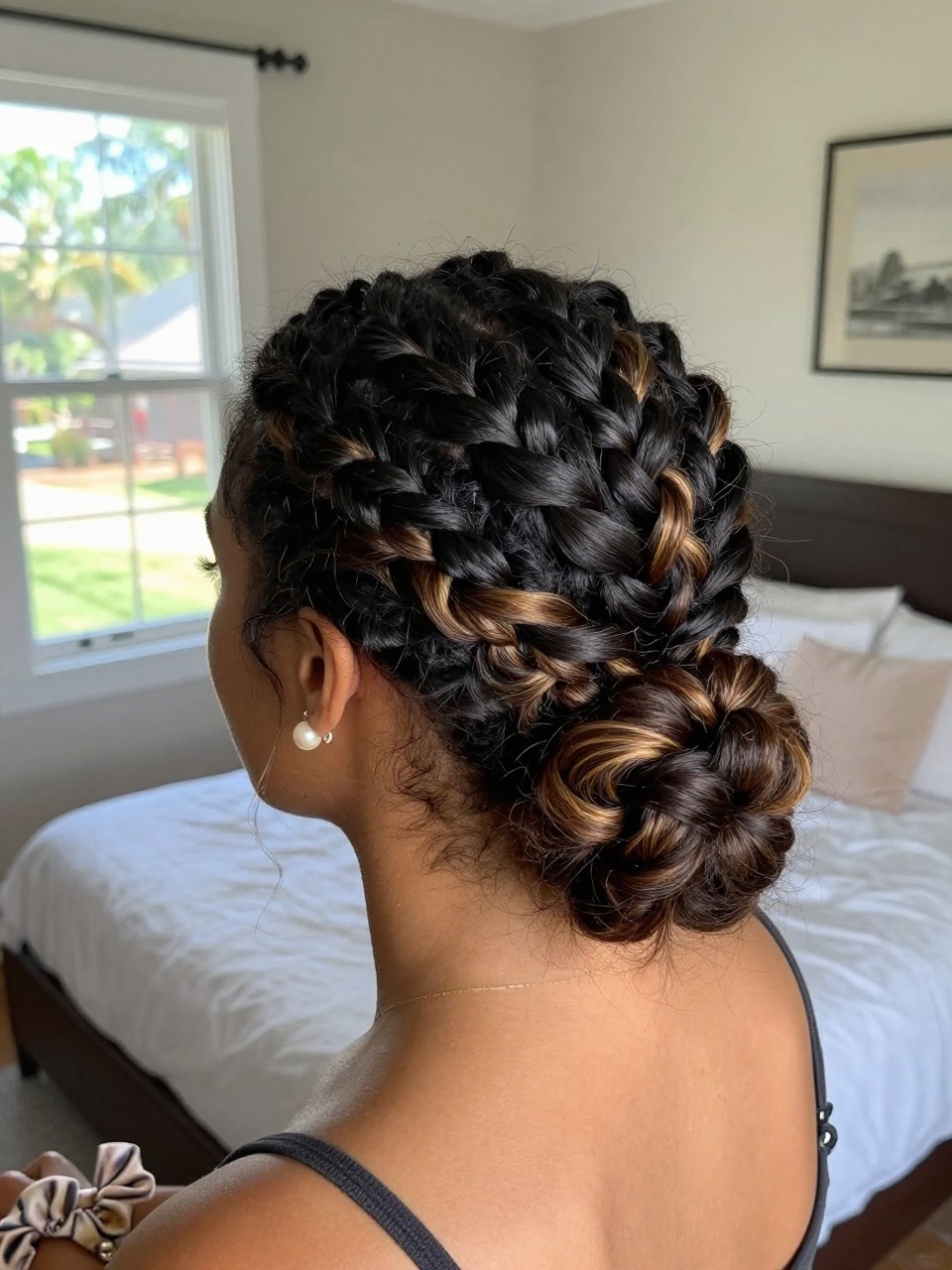 Photo of a biracial woman wearing a low textured bun on black hair with peekaboo highlights woven through the twists, back-of-head view to highlight details, in a sun-drenched bedroom, natural window light, containing a small lived-in detail such as a pearl pin and a silk scrunchie on the wrist, latest iPhone photo quality.