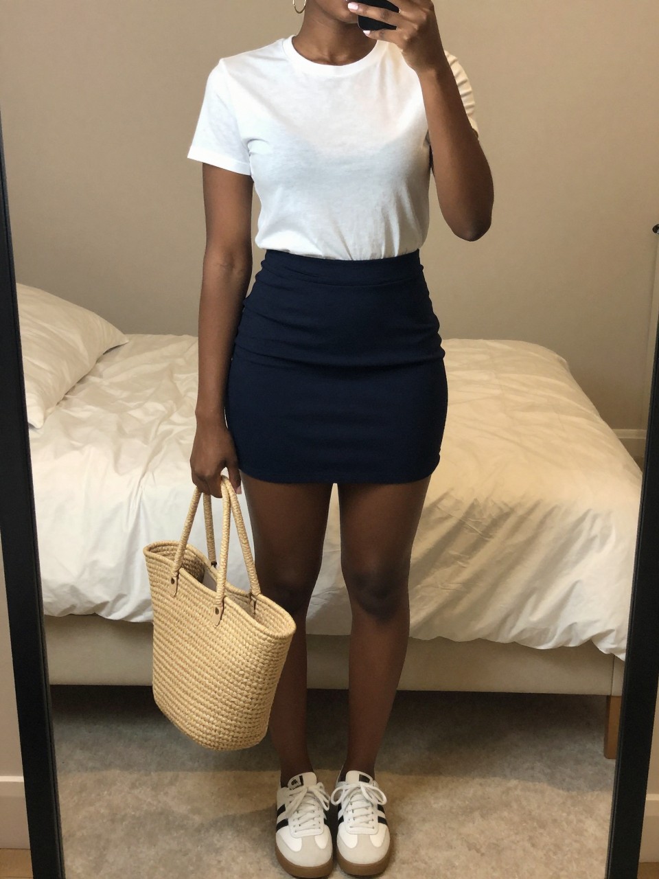 mirror selfie of a black woman wearing a white crewneck t-shirt tucked into a navy blue A-line mini skirt with white sneakers and gold hoop earrings, holding a straw tote bag, standing in a relaxed pose, cropped at NECK so face doesn't show, in a feminine-themed bedroom, warm moody lighting, iPhone photo quality.
