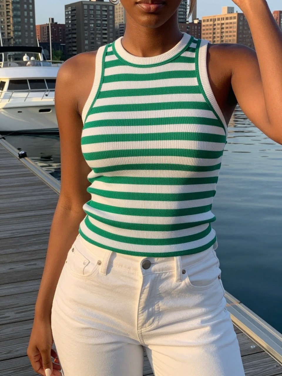 photo selfie of a black woman in a green and white striped top and white pants, standing on a dock with a boat in the background, cropped at NECK so face doesn't show, in a city apartment, evening golden hour, iPhone photo quality.