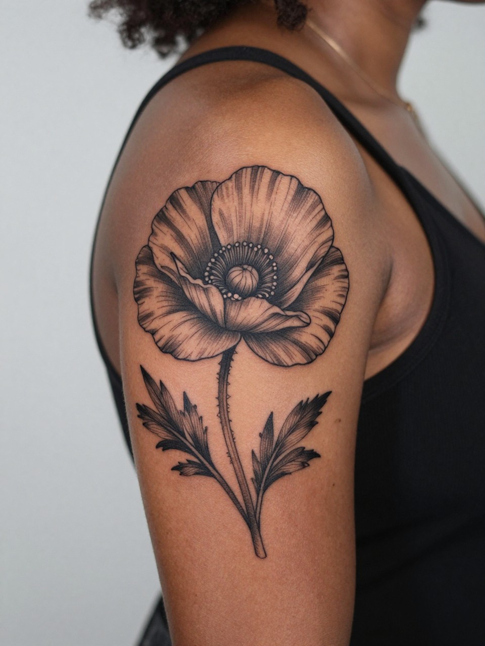 Image Prompt: "Close-up of a large single poppy flower tattoo on the upper arm of black feminine woman, black ink floral design with wide open petals, bold fine line and soft shading mix, realistic skin texture, sleeveless blouse edge softly visible, feminine lifestyle-inspired tattoo image, clean minimal background, tattoo dominates the frame (no watermarks on images)"