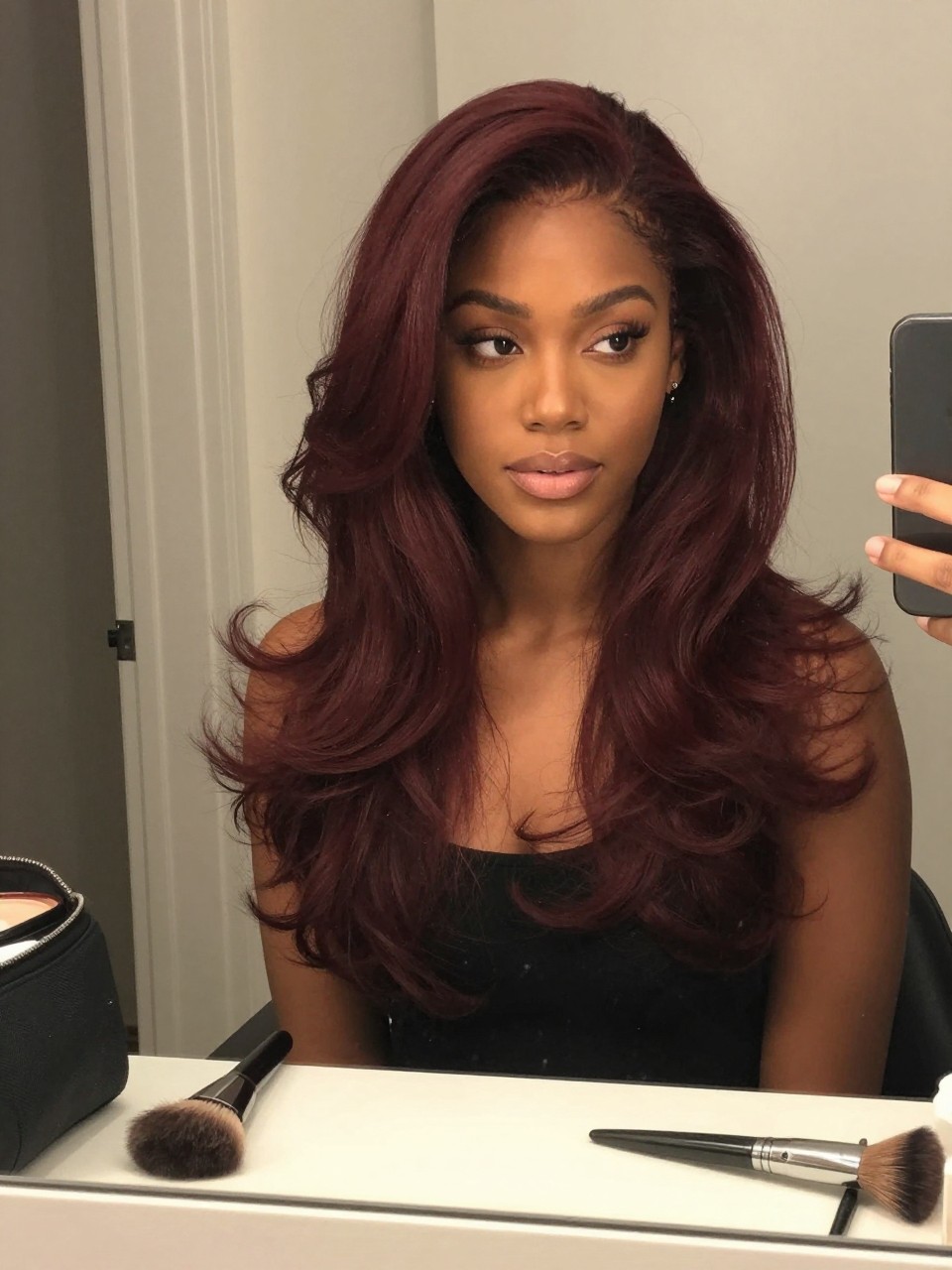 Photo of a brown woman wearing mahogany cherry brown hair in a smooth voluminous blowout, candid mirror selfie, bathroom vanity mirror setting, soft indoor lighting, with a round brush on the counter and a makeup bag nearby, latest iPhone photo quality.