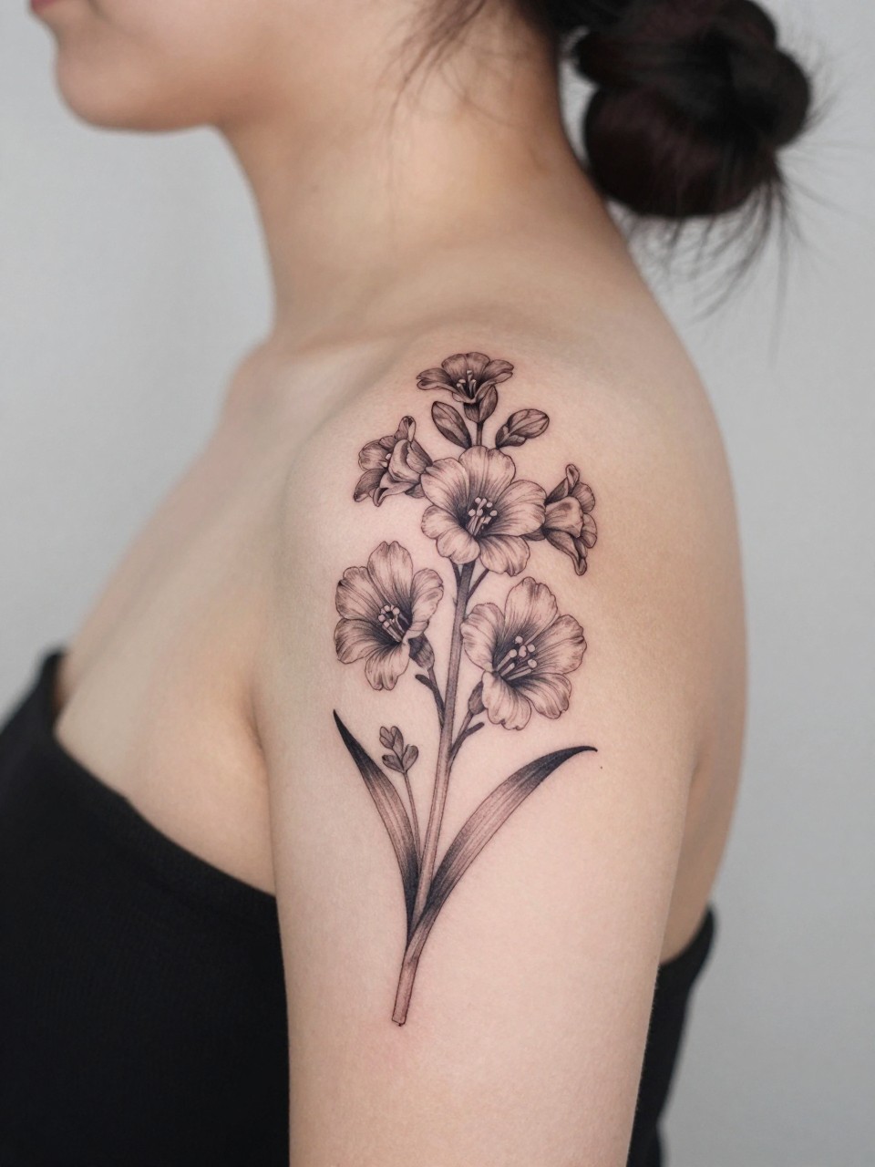 Image Prompt: "Design-focused close-up of a blooming larkspur tattoo on the shoulder blade OF BLACK FEMININE WOMAN, black ink fine line floral style with soft grey shading, layered blossoms along a tall stem, realistic skin texture, hair loosely pinned up, clean feminine styling, soft minimal background, tattoo fills most of the frame (no watermarks on images)"