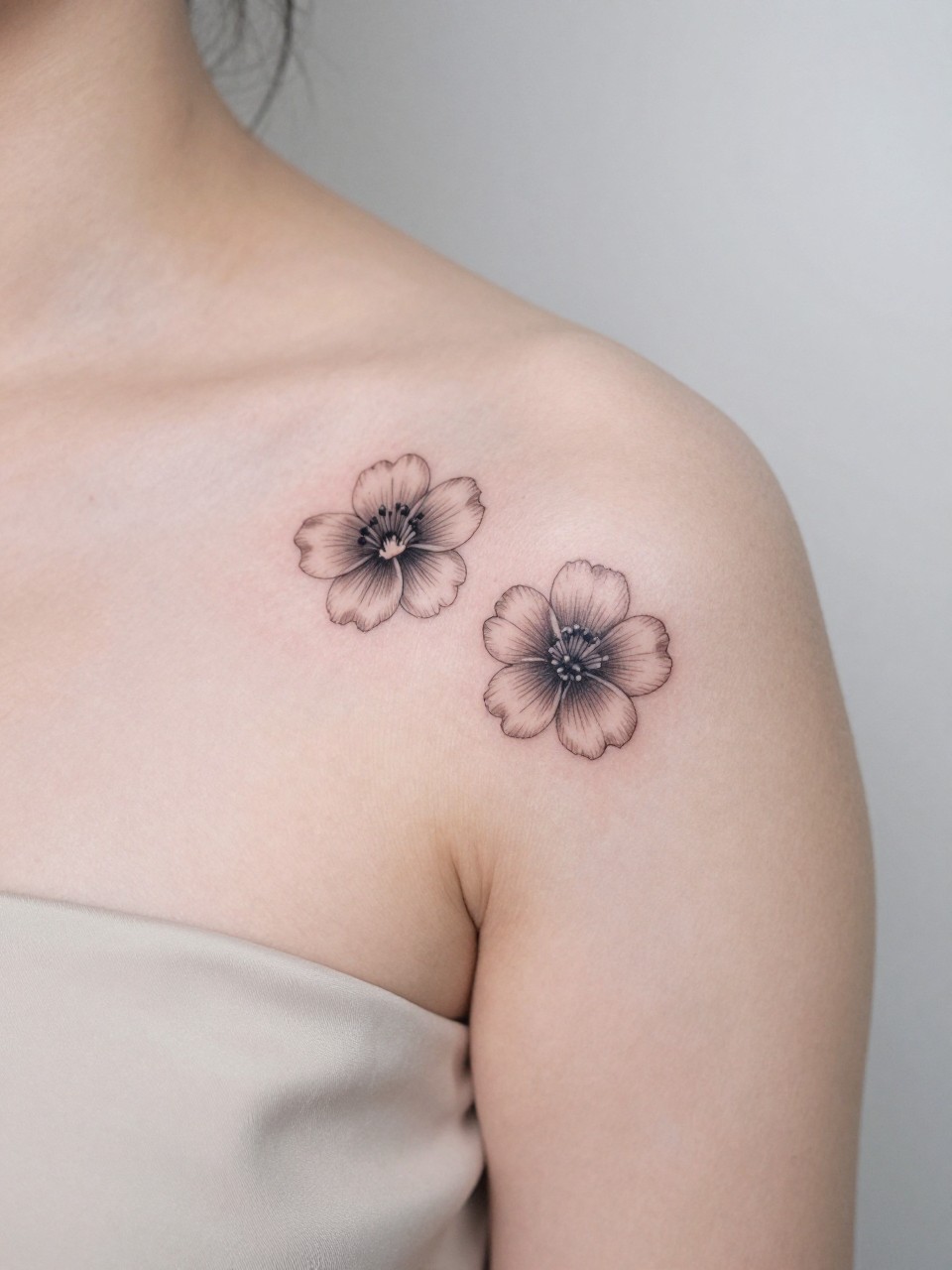 Image Prompt: "Macro shot of two tiny flower tattoos on the front shoulder, black ink fine line floral design with soft petals and light shading, realistic skin texture, satin blouse neckline barely visible, feminine clean composition, tight crop, tattoo-centered inspiration image, soft minimal background (no watermarks on images)"
