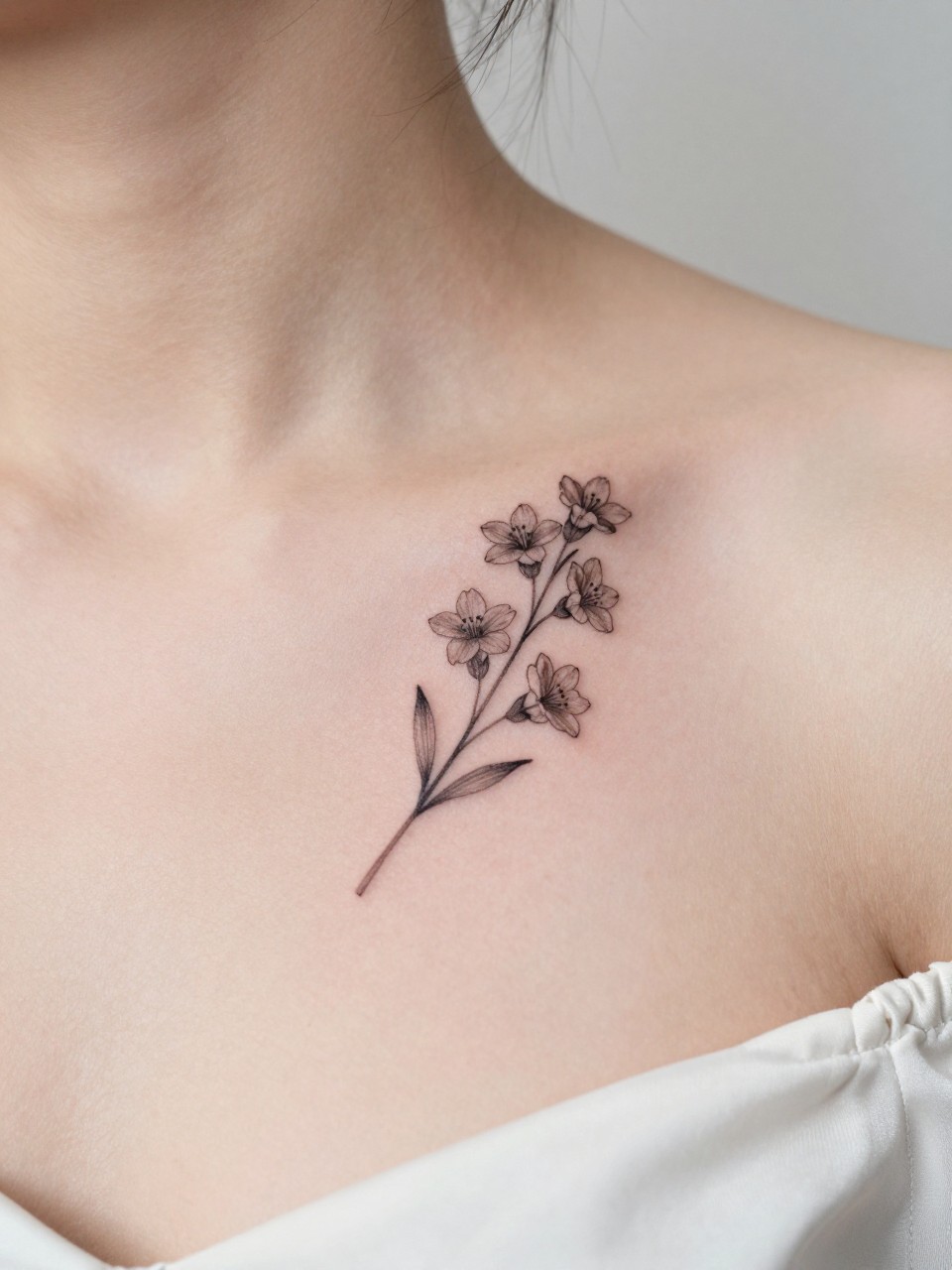 Image Prompt: "Design-focused close-up of a small larkspur flower tattoo on the collarbone, black ink fine line design with delicate blossoms along a slim stem, soft shading, realistic skin texture, silk blouse neckline barely visible, feminine clean composition, close-up tattoo visibility, soft minimal background, tattoo is the clear hero (no watermarks on images)"
