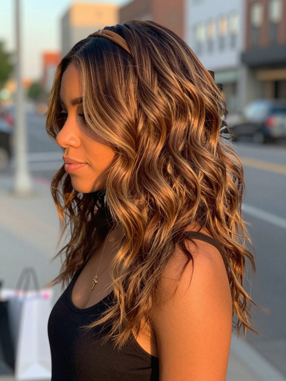 Photo of a biracial woman wearing beachy brown waves with sunlit chunky highlight streaks and soft texture, side profile view, in a softly blurred city street background, golden hour glow, containing a small lived-in detail such as a headband pushed back and a few shopping bags nearby, latest iPhone photo quality.