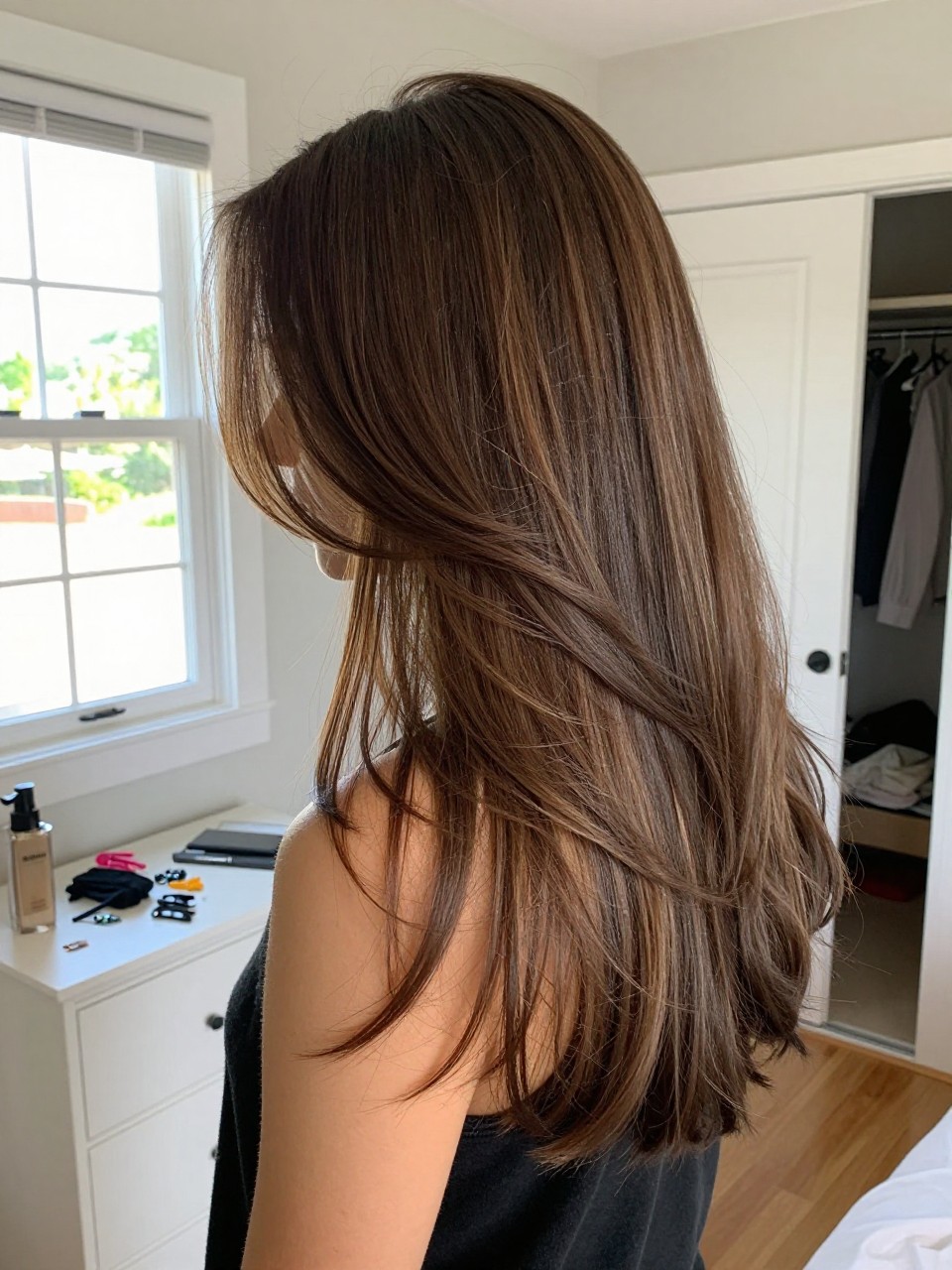 Photo of a woman wearing long brown layered hair with cocoa dark highlights and soft movement, side profile view, in a sun-drenched bedroom, natural window light, containing a small lived-in detail such as sectioning clips on the dresser and a slightly open closet behind, latest iPhone photo quality.