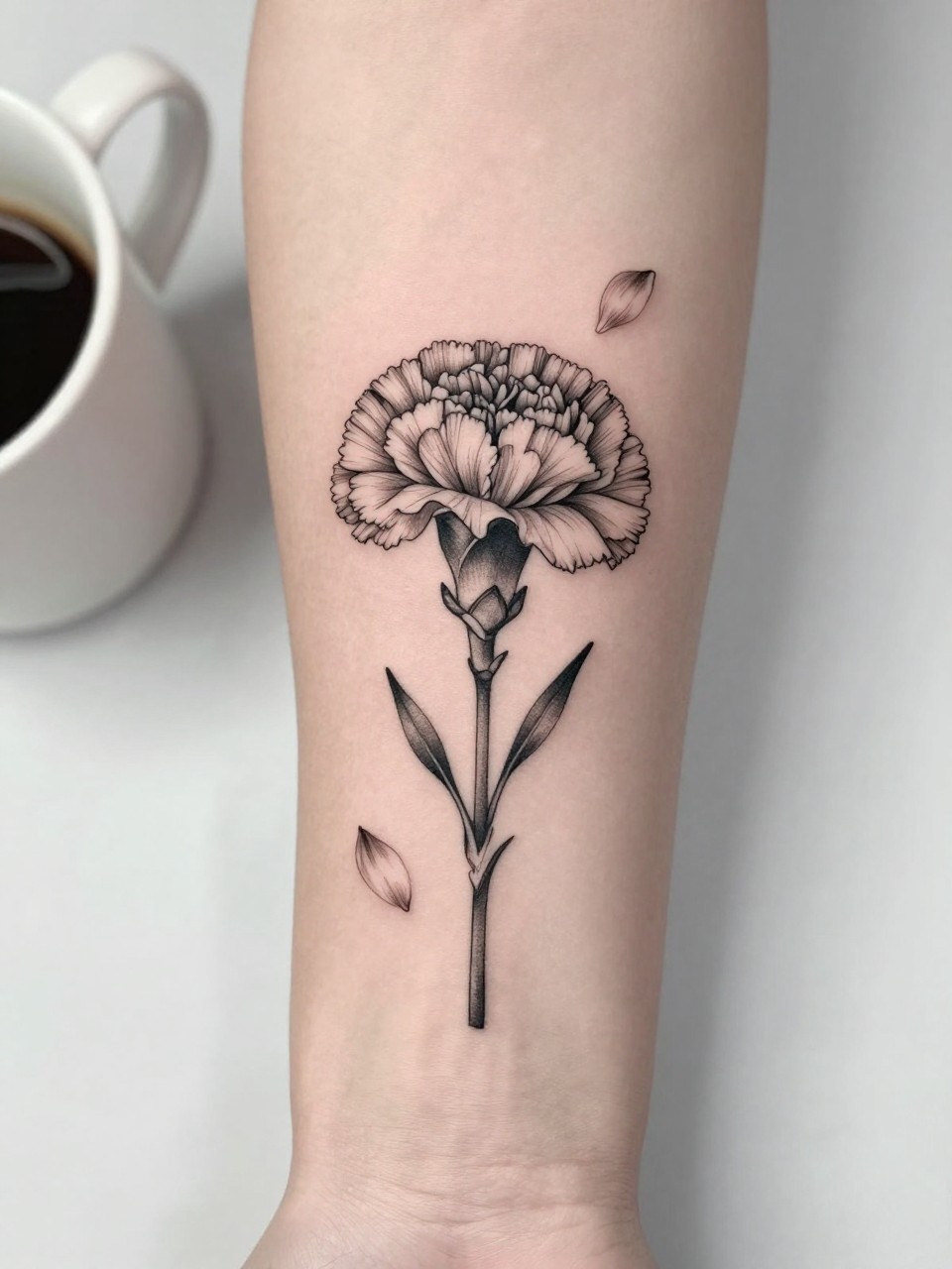 Image Prompt: "Extreme close-up of a carnation tattoo with a few falling petals on the forearm, black ink fine line floral design, delicate petal movement, soft shading, realistic skin texture, coffee cup softly blurred nearby, modern feminine tattoo inspiration image, minimal background, tattoo-centered composition (no watermarks on images)"