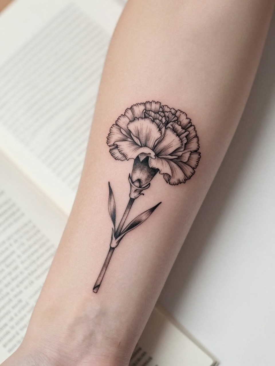 Image Prompt: "Close-up of a carnation flower tattoo with tiny handwritten name script on the inner forearm, black ink fine line floral design, delicate ruffled petals, soft shading, elegant cursive detail, realistic skin texture, book page underneath the arm, feminine soft lifestyle context, clean background, tattoo-centered inspiration photo (no watermarks on images)"