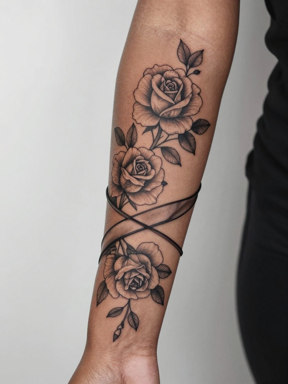Image Prompt: "Close-up of a rose and vine wrap sleeve tattoo spiraling around the arm of black feminine woman, black ink floral design with soft shaded roses, fine line vines, leaf detail, natural wraparound composition, realistic skin texture, satin ribbon nearby as subtle feminine detail, soft clean background, tattoo-focused inspiration image (no watermarks on images)"