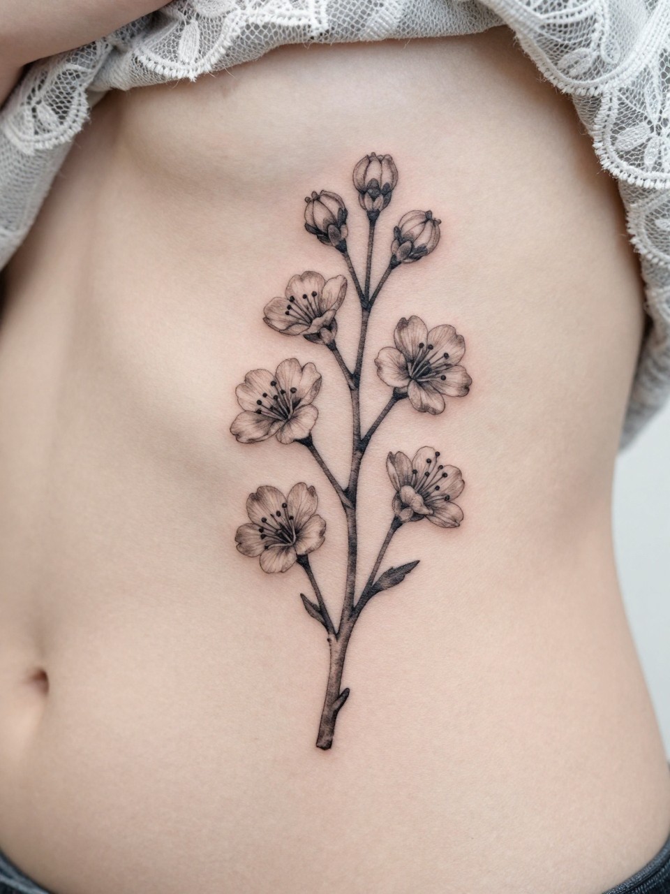 Image Prompt: "Design-focused close-up of a single hawthorn stem tattoo on the ribcage, black ink fine line floral design with delicate blossoms and light grey shading, realistic skin texture, lace fabric edge softly visible, feminine modern tattoo photo, minimal background, close-up tattoo visibility, tattoo dominates the frame (no watermarks on images)"