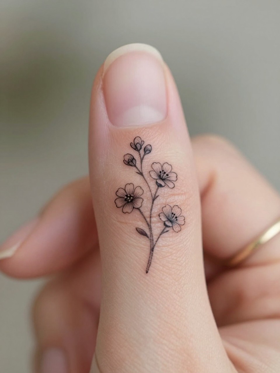 Image Prompt: "Macro shot of a micro hawthorne tattoo on the side of the finger, black ink fine line floral design, tiny stem and delicate blossoms, minimalist micro tattoo style, realistic skin texture, delicate rings, neutral manicure, very tight crop, soft blurred background, feminine tattoo inspiration photo with tattoo as the main focus (no watermarks on images)"
