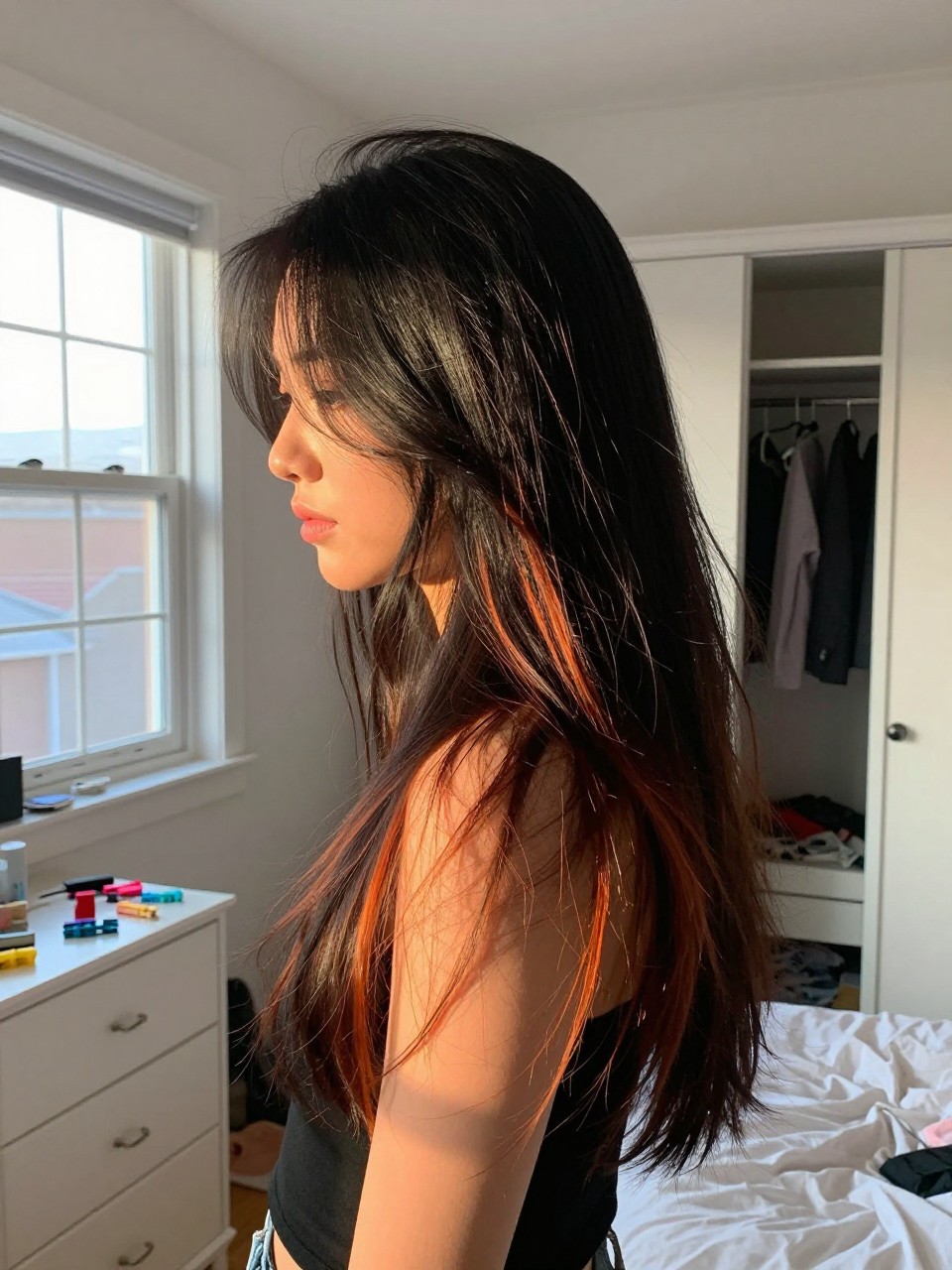 Photo of a woman wearing long black layered hair with sunset orange highlights and soft body, side profile view, in a sun-drenched bedroom, natural window light, containing a small lived-in detail such as sectioning clips on the dresser and a slightly open closet behind, latest iPhone photo quality.