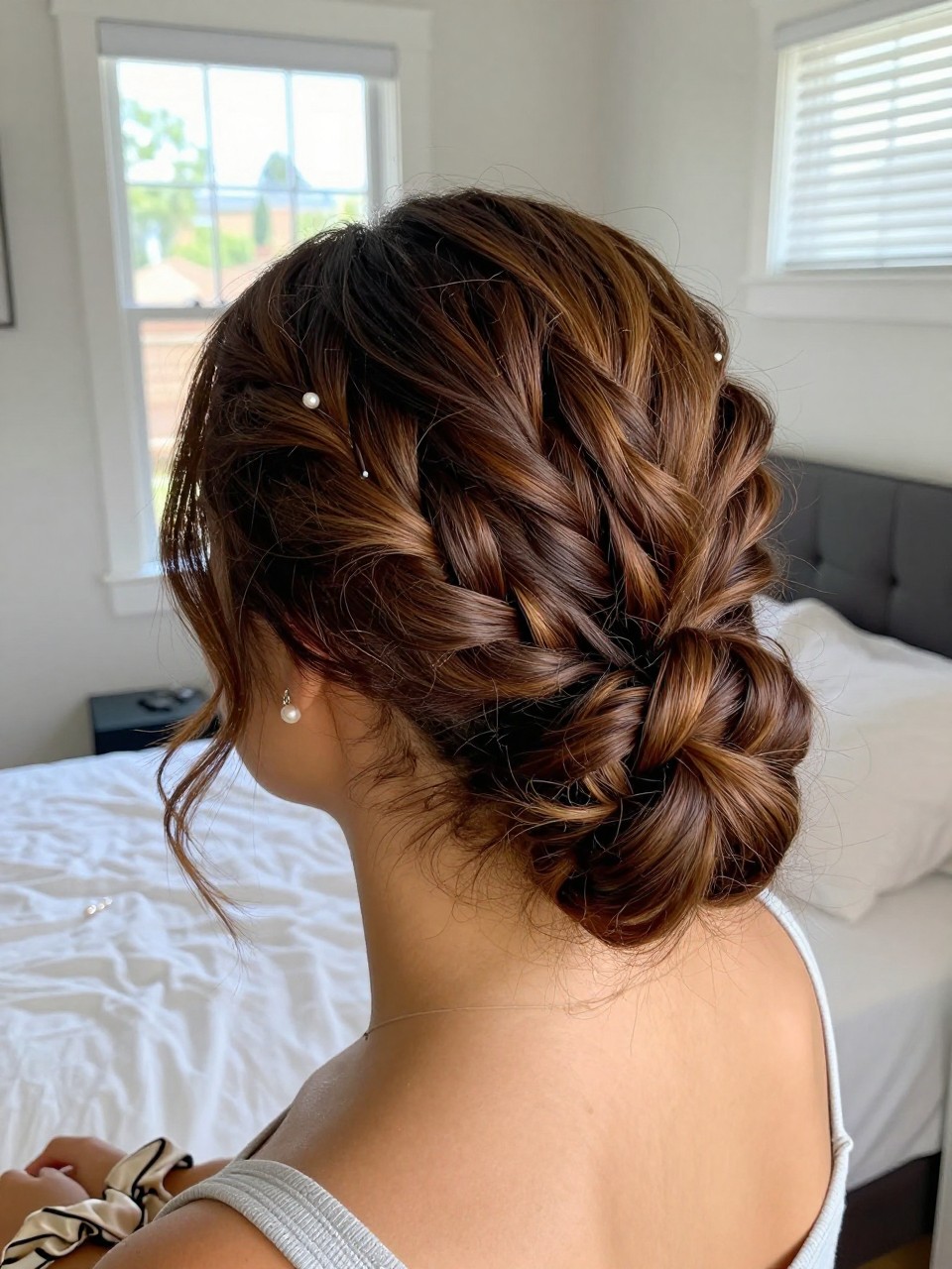 Photo of a biracial woman wearing a low-textured bun on brown hair with deep brown dark highlights woven through the twists, back-of-head view to highlight details, in a sun-drenched bedroom, natural window light, containing a small lived-in detail such as a pearl pin and a silk scrunchie on the wrist, latest iPhone photo quality.