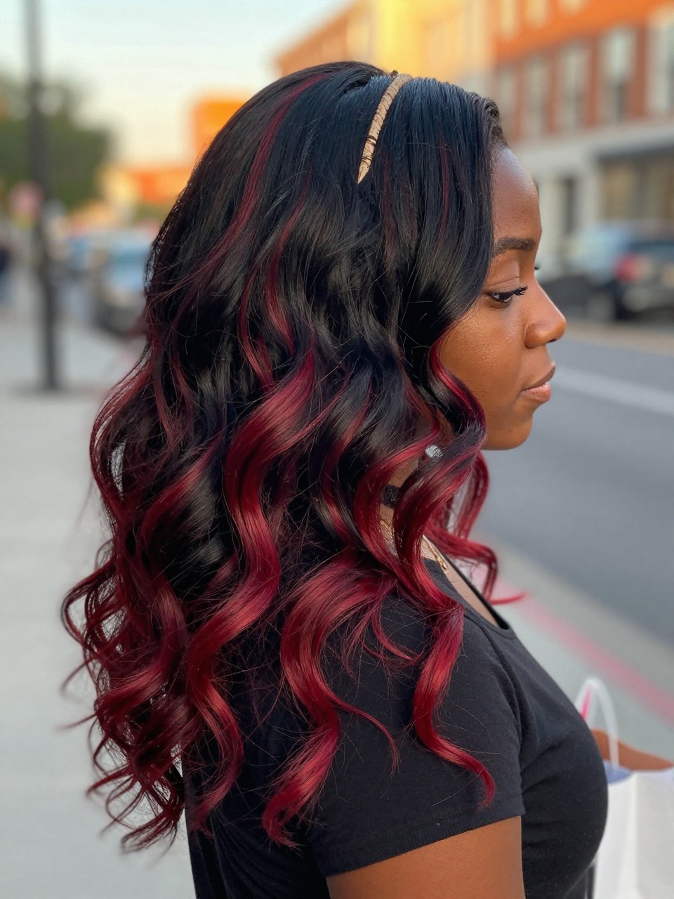 Photo of a black woman wearing beachy black waves with scarlet red highlight streaks and soft texture, side profile view, in a softly blurred city street background, golden hour glow, containing a small lived-in detail such as a headband pushed back and a few shopping bags nearby, latest iPhone photo quality.