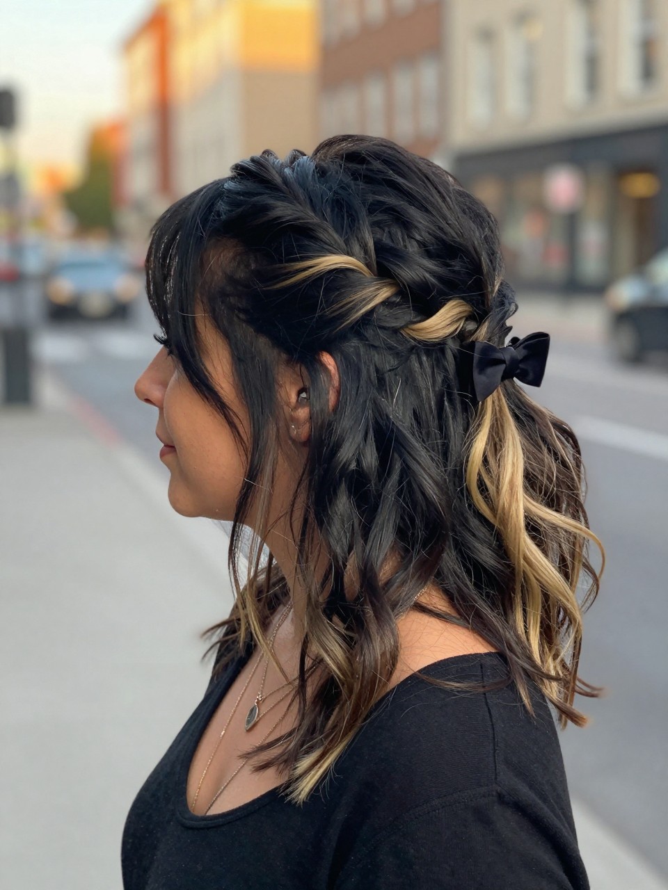 Photo of a woman wearing a half-up twisted hairstyle on black hair with blonde highlights through the loose lengths, side profile view, in a softly blurred city street background, golden hour glow, containing a small lived-in detail such as a bow clip at the back and layered necklaces, latest iPhone photo quality.