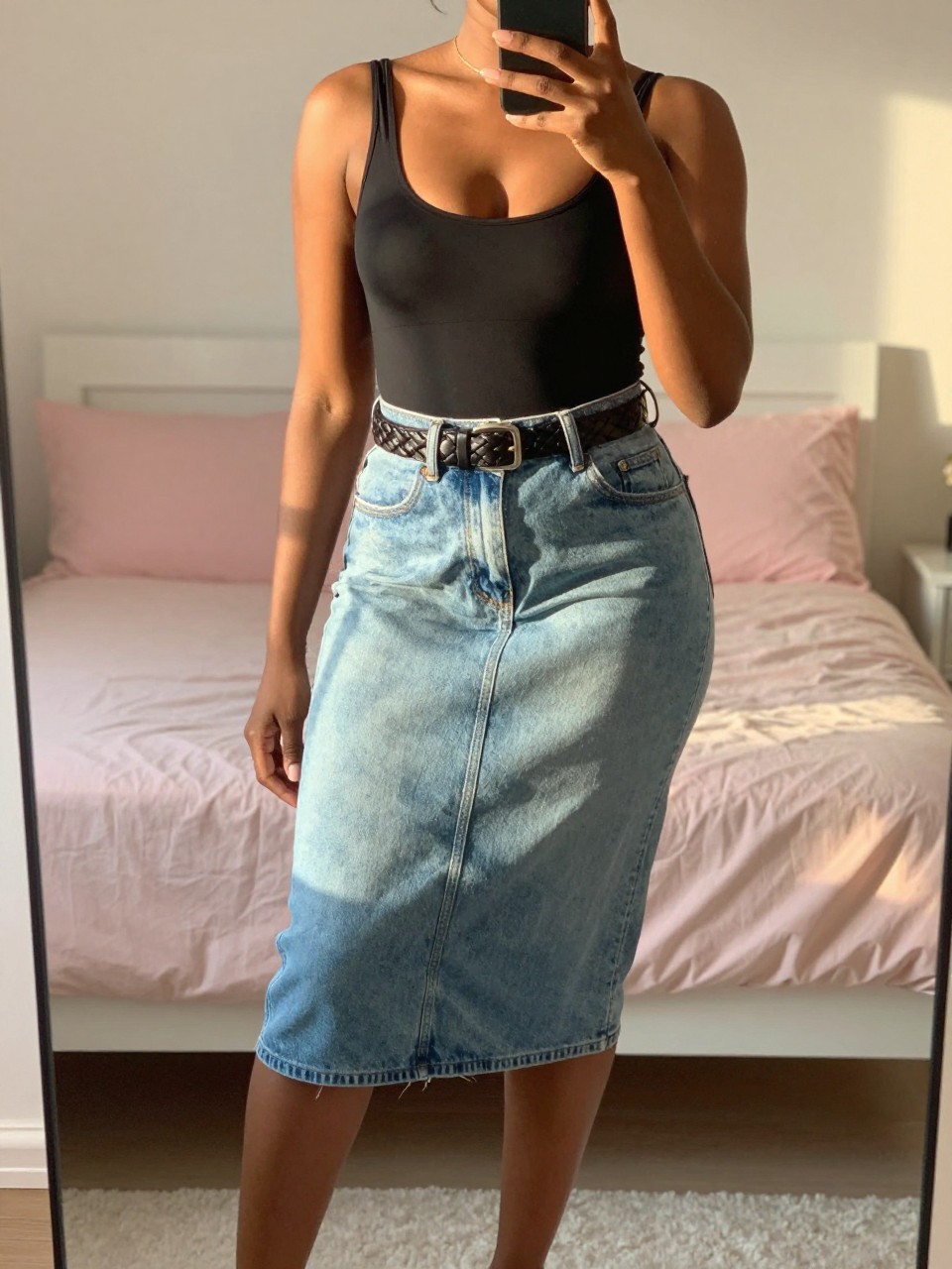 mirror selfie of a Black woman wearing a light wash denim skirt with a black bodysuit and woven belt, posed with one foot forward and phone low, cropped at NECK so face doesn't show, in a bright feminine-themed bedroom, evening golden hour light, iPhone photo quality.