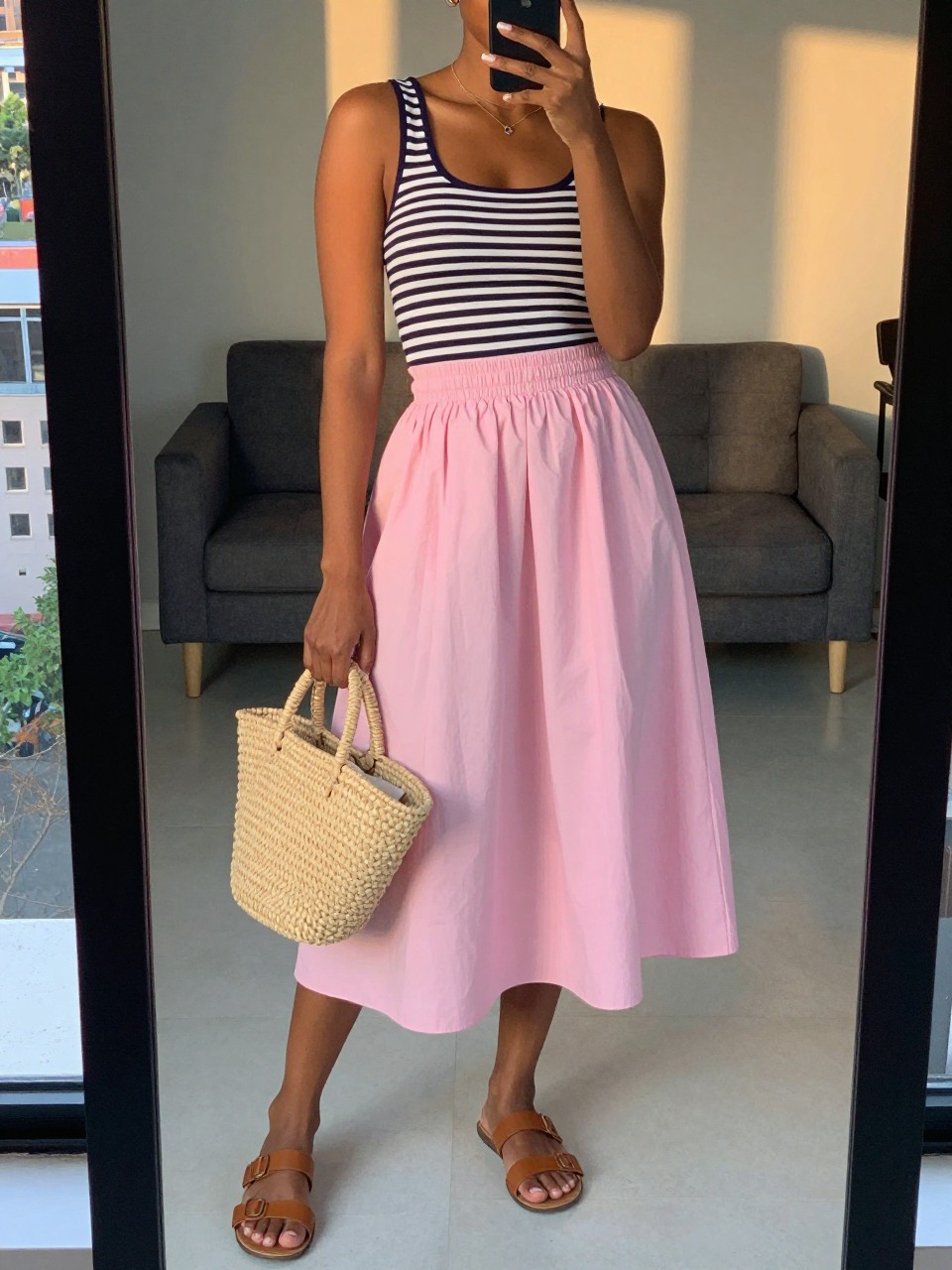 iPhone mirror selfie of a black woman wearing a navy and white striped boatneck top tucked into a bubblegum pink A-line midi skirt with flat tan leather sandals and a straw market bag, sunglasses perched on her head, standing in a relaxed summer pose, cropped at NECK so face doesn't show, in a city apartment, evening golden hour, iPhone photo quality.