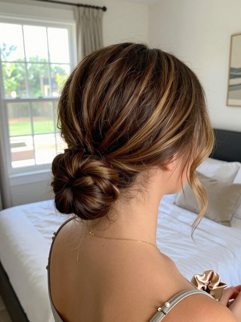 Photo of a woman wearing a low textured bun on brown hair with golden highlights and soft lowlights, back-of-head view to highlight details, in a sun-drenched bedroom, natural window light, containing a small lived-in detail such as a pearl pin and a silk scrunchie on the wrist, latest iPhone photo quality.