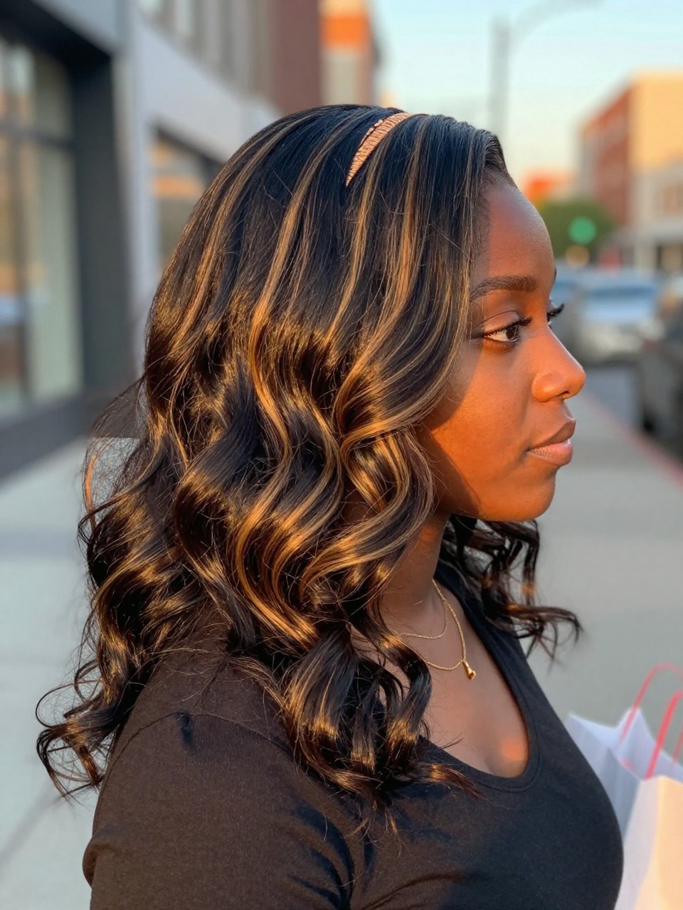 Photo of a black woman wearing beachy black waves with sunlit blonde highlight streaks and soft texture, side profile view, in a softly blurred city street background, golden hour glow, containing a small lived-in detail such as a headband pushed back and a few shopping bags nearby, latest iPhone photo quality.