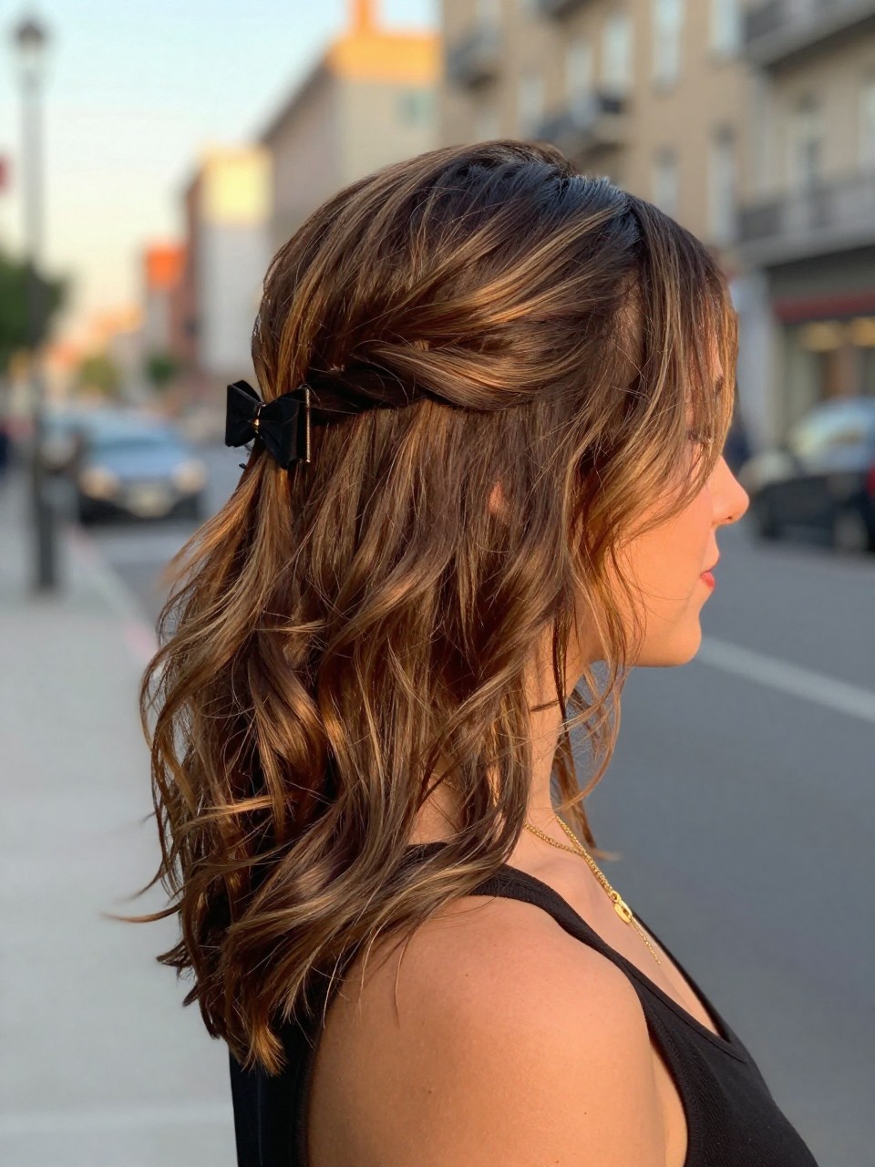 Photo of a woman wearing a half-up twist on brown hair with soft highlights and lowlights through the loose lengths, side profile view, in a softly blurred city street background, golden hour glow, containing a small lived-in detail such as a bow clip at the back and layered necklaces, latest iPhone photo quality.