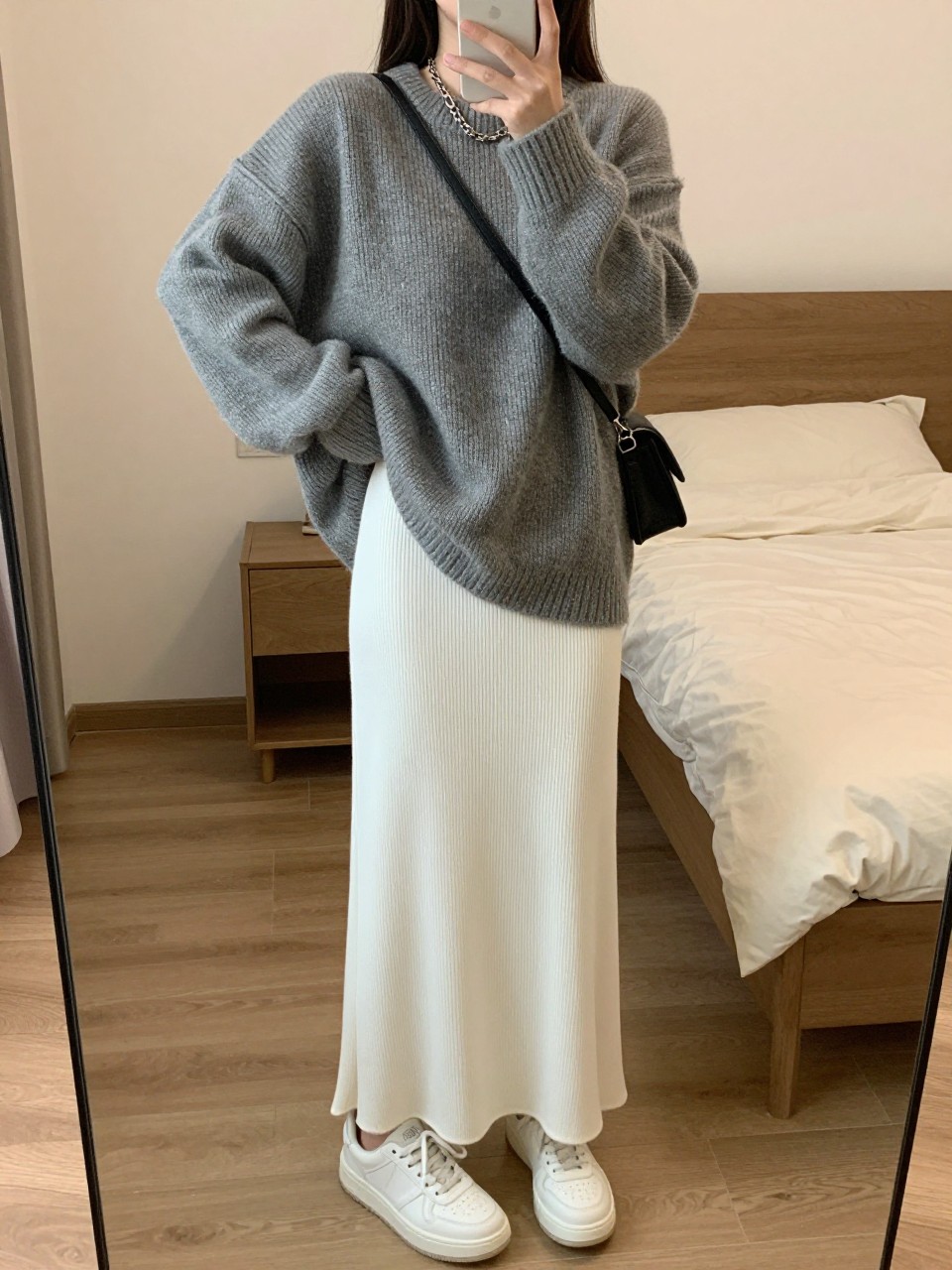 mirror selfie of a woman wearing an oversized heather gray chunky sweater loosely tucked into a white jersey knit maxi skirt with chunky white sneakers and a silver chain necklace, holding a black crossbody bag, standing in a relaxed cool-girl pose, cropped at NECK so face doesn't show, in a feminine-themed bedroom, warm moody lighting, iPhone photo quality.