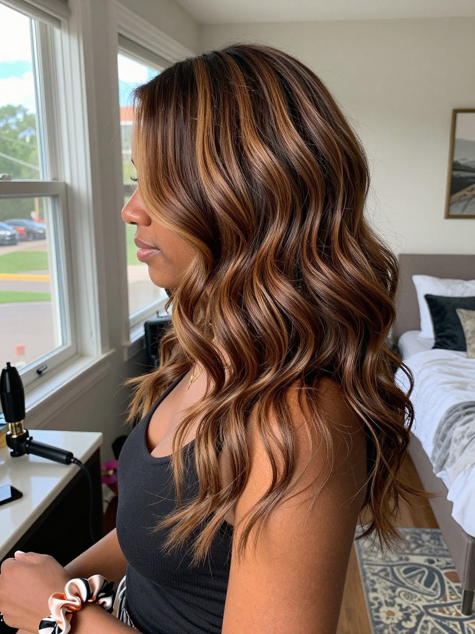 Photo of a black woman wearing mocha brown waves with thick caramel chunky highlights, side profile view, in a sun-drenched bedroom, natural window light, containing a small lived-in detail such as a curling iron on the counter and a silk scrunchie on the wrist, latest iPhone photo quality.
