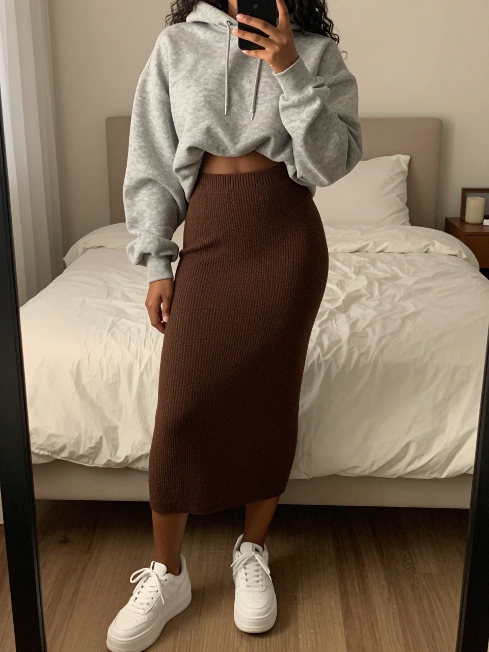 mirror selfie of a black woman wearing an oversized gray hoodie half-tucked into a chocolate brown knit midi skirt with chunky white platform sneakers, one hand holding her phone low by her thigh, cropped at NECK so face doesn't show, in a feminine-themed bedroom, warm moody lighting, iPhone photo quality.