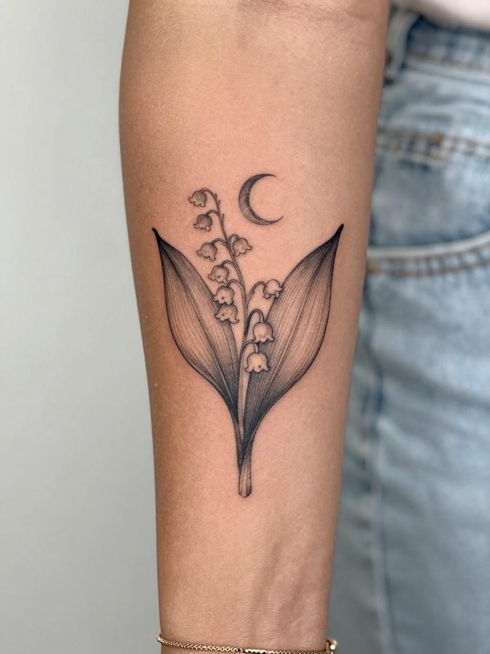 Image Prompt: "Design-focused close-up of a lily of the valley tattoo with a tiny crescent moon on the inner arm of black feminine woman, black ink fine line floral design, tiny hanging blooms, soft shading, delicate celestial accent, realistic skin texture, gold bracelet lightly visible, feminine modern tattoo inspiration photo, clean soft background, tattoo is the hero (no watermarks on images)"