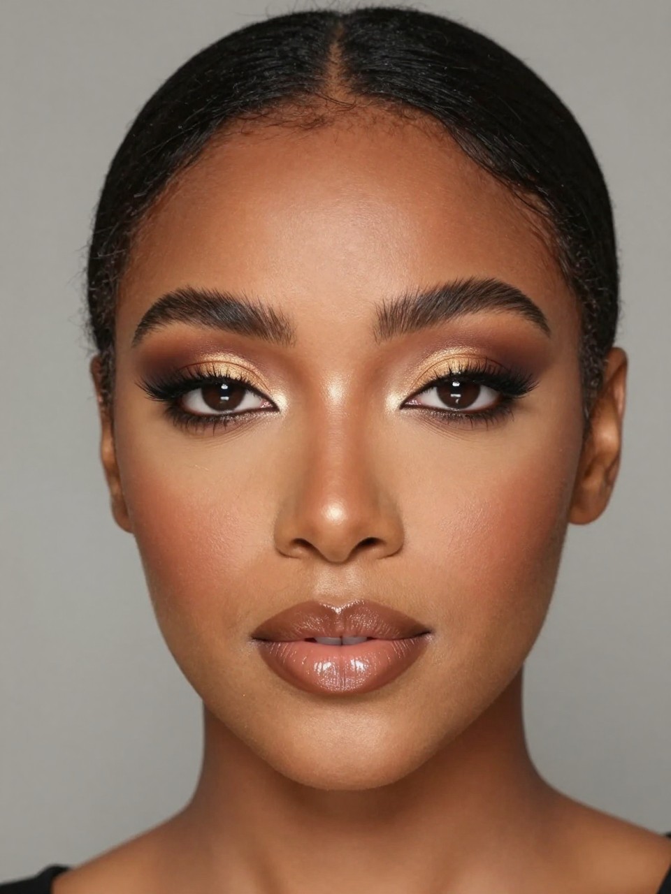 IMAGE_PROMPT: Super realistic close-up beauty portrait of a Black woman wearing soft glam makeup with caramel smoky eyeshadow, espresso brown outer corners, softly smudged brown liner, warm gold highlight, glossy brown nude lips, satin skin, and full feathery brows, shot from a front-facing portrait, with soft vanity lighting that clearly reveals the smoky eye blend, highlight, and realistic skin texture, realistic skin texture, sleek black hair pulled back, minimal blurred background, feminine modern beauty photography, latest iPhone photo quality (no watermarks on images).