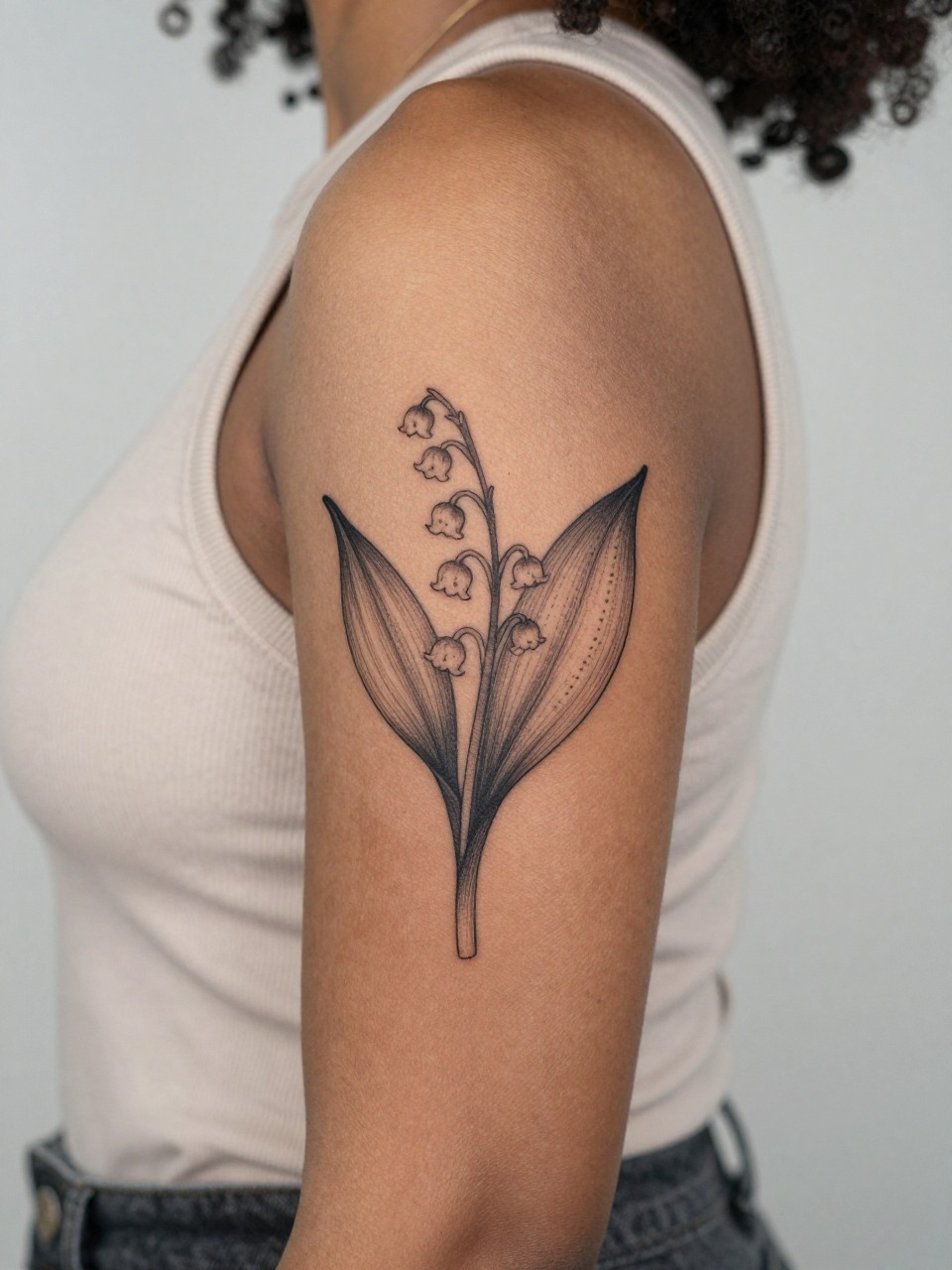 Image Prompt: "Close-up of a lily of the valley tattoo with soft dotwork accents on the upper arm of black feminine woman, black ink fine line floral design, tiny bell-shaped flowers, subtle shading, delicate dotwork detail, realistic skin texture, sleeveless neutral top softly visible, feminine lifestyle-inspired tattoo image, minimal clean background, tattoo is the main focus (no watermarks on images)."