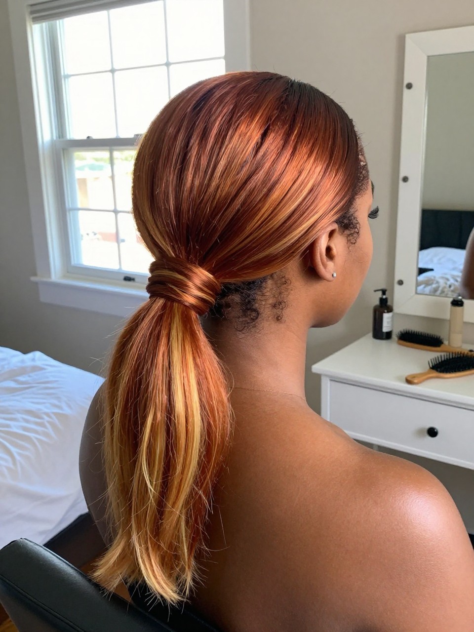 Photo of a black woman wearing a sleek low ponytail with copper hair and blonde highlights through the tail and ends, back-of-head view to highlight details, in a sun-drenched bedroom, natural window light, containing a small lived-in detail such as a black ribbon tied at the base and a hairbrush on the vanity, latest iPhone photo quality.