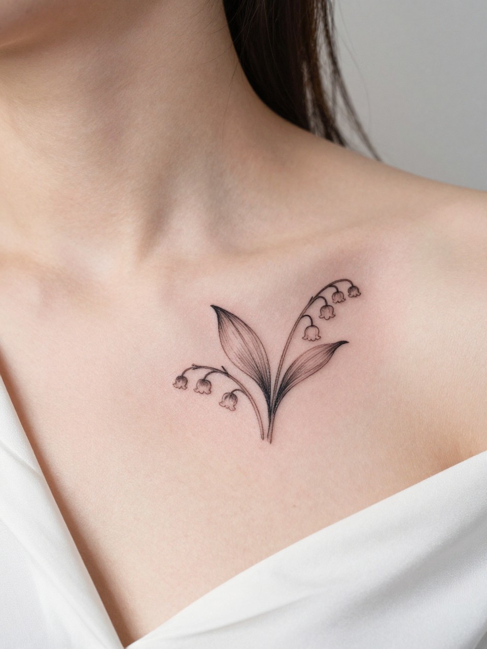 Image Prompt: "Close-up of two tiny lily of the valley sprig tattoos along the collarbone, black ink fine line floral design with tiny bell flowers and light shading, realistic skin texture, silk blouse neckline barely visible, feminine clean composition, close-up tattoo visibility, soft minimal background, tattoo is the clear main subject (no watermarks on images)"