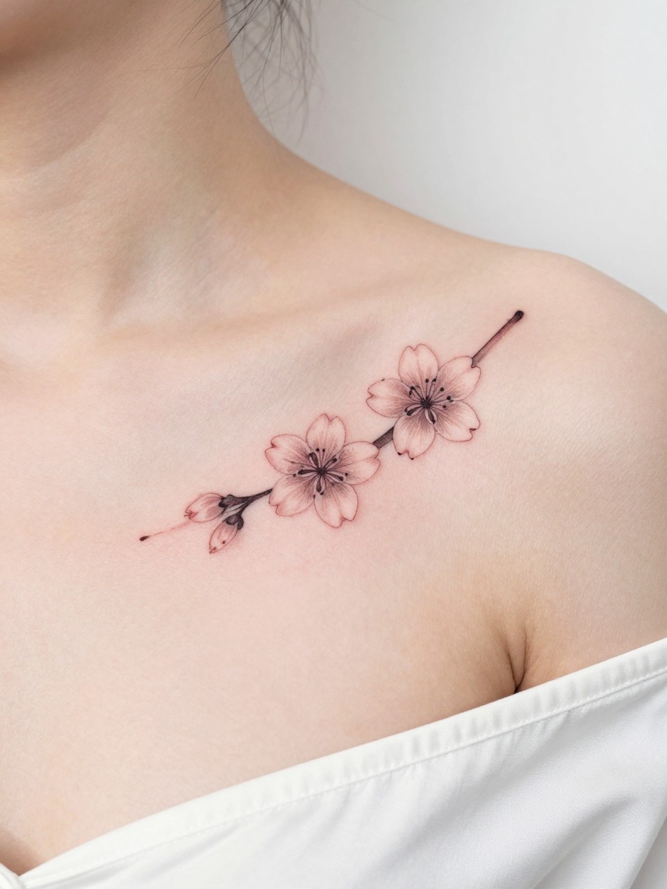 Image Prompt: "Design-focused close-up of a small sakura flower tattoo on the collarbone, black ink fine line design with delicate cherry blossom petals, soft shading, realistic skin texture, silk blouse neckline barely visible, feminine clean composition, close-up tattoo visibility, soft minimal background, tattoo is the clear hero (no watermarks on images)"