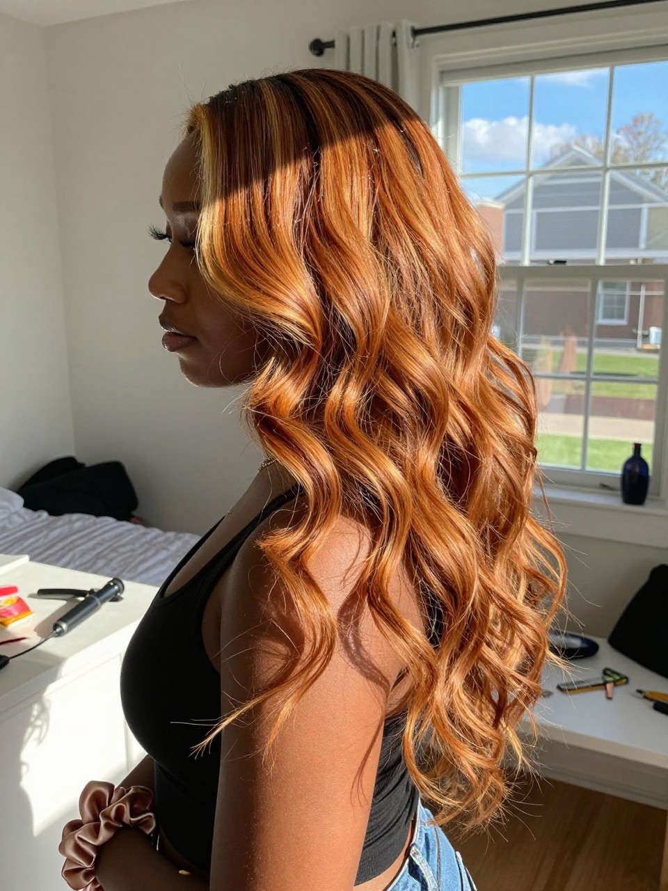 Photo of a black woman wearing soft ginger waves with golden highlights woven through the lengths, side profile view, in a sun-drenched bedroom, natural window light, containing a small lived-in detail such as a curling iron on the counter and a silk scrunchie on the wrist, latest iPhone photo quality.