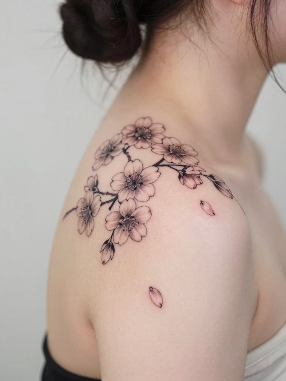 Image Prompt: "Design-focused close-up of a cherry blossom branch tattoo across the shoulder, black and grey fine line sakura flowers with soft shading and a few drifting petals, realistic skin texture, hair pinned up, feminine modern tattoo inspiration photo, soft minimal background, tattoo fills most of the frame (no watermarks on images)"
