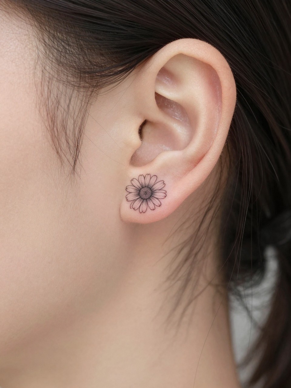Image Prompt: "Macro shot of a tiny daisy flower tattoo behind a ear, fine line black ink floral design with clean open petals and soft shading, realistic skin texture, a few loose strands of hair framing the placement, minimal feminine styling, tight crop, soft clean background, tattoo-centered inspiration image (no watermarks on images)"