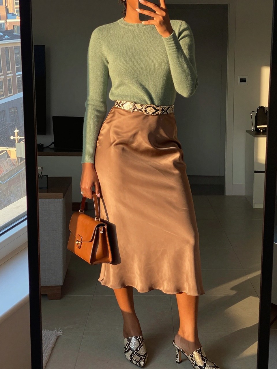 mirror selfie of a black woman wearing a sage green fitted sweater tucked into a tan brown satin midi skirt with snake-print heeled mules and a snake-print belt, holding a small brown leather bag, standing in an elegant pose, cropped at NECK so face doesn't show, in a city apartment, evening golden hour, iPhone photo quality.